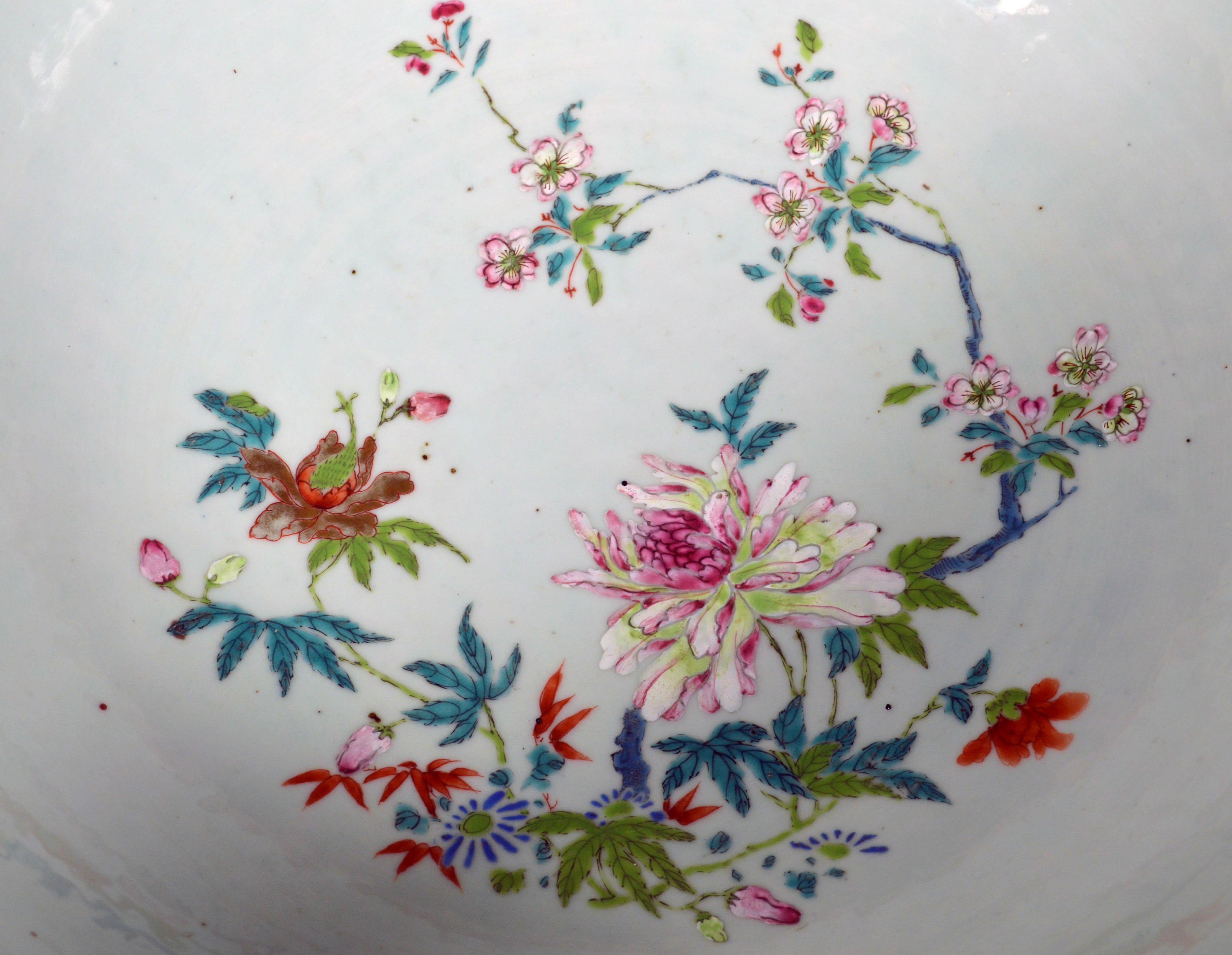 Mid-18th Century Chinese Export Porcelain Large “Famille Rose” Punch Bowl with Mazarine Ground