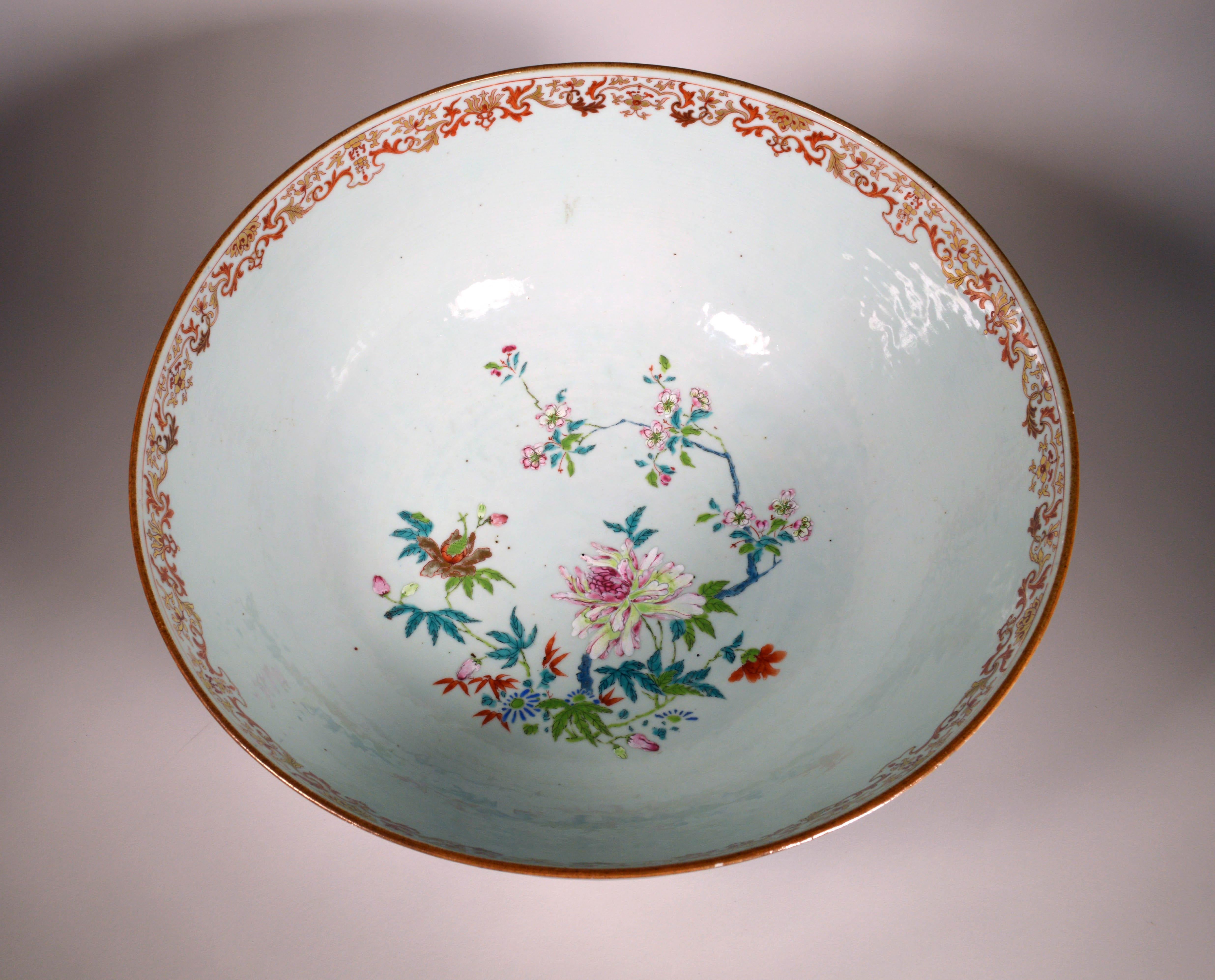 Chinese Export Porcelain Large “Famille Rose” Punch Bowl with Mazarine Ground 1