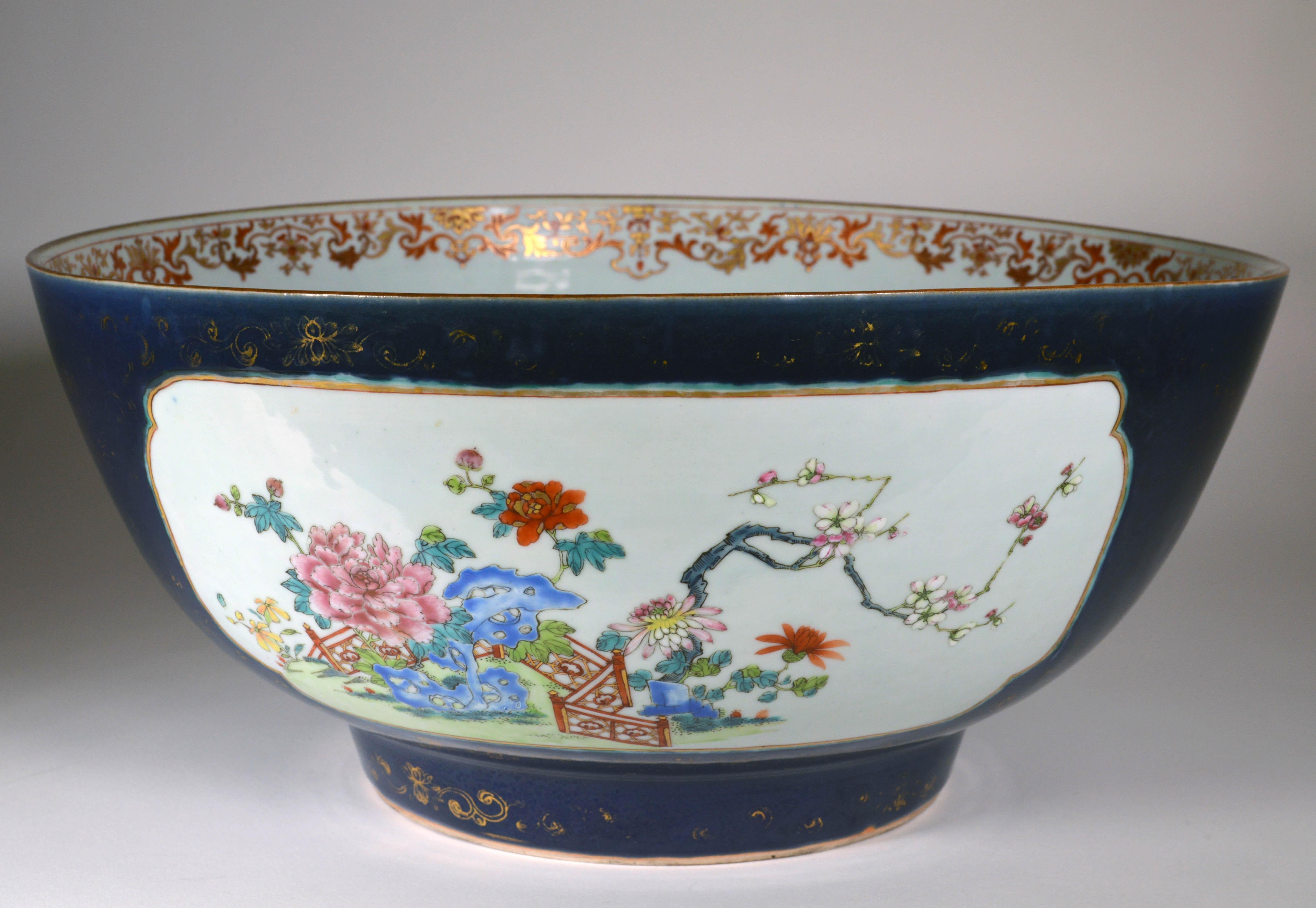 Chinese Export Porcelain Large “Famille Rose” Punch Bowl with Mazarine Ground 2