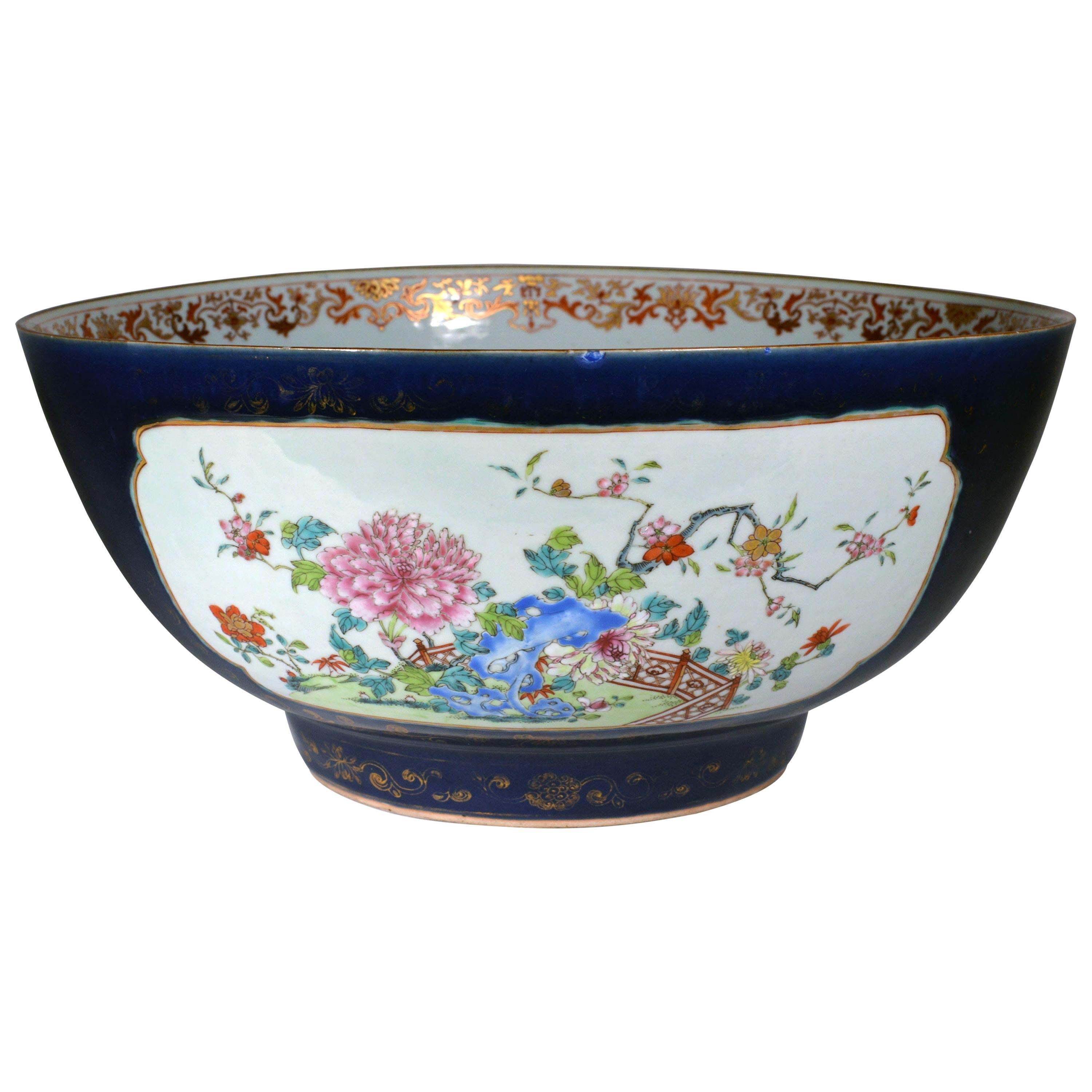 Chinese Export Porcelain Large “Famille Rose” Punch Bowl with Mazarine Ground