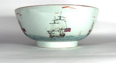 Chinese Export Porcelain Large Punch Bowl Painted with Ships