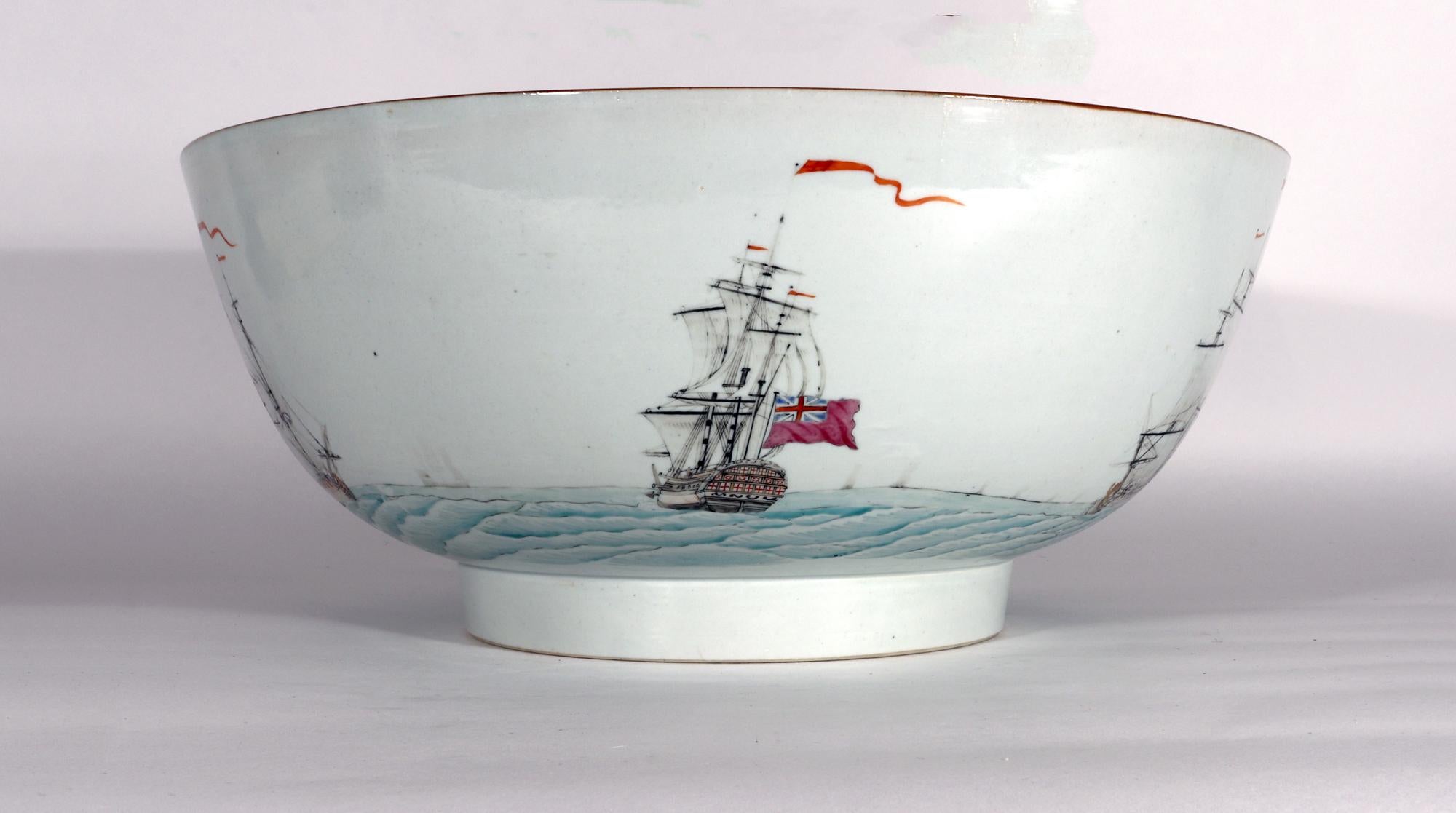 Chinese Export Porcelain Large Punch Bowl Painted with Ships In Good Condition In Downingtown, PA