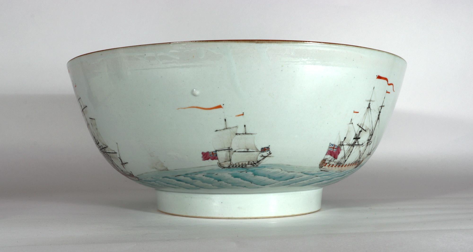 Late 18th Century Chinese Export Porcelain Large Punch Bowl Painted with Ships