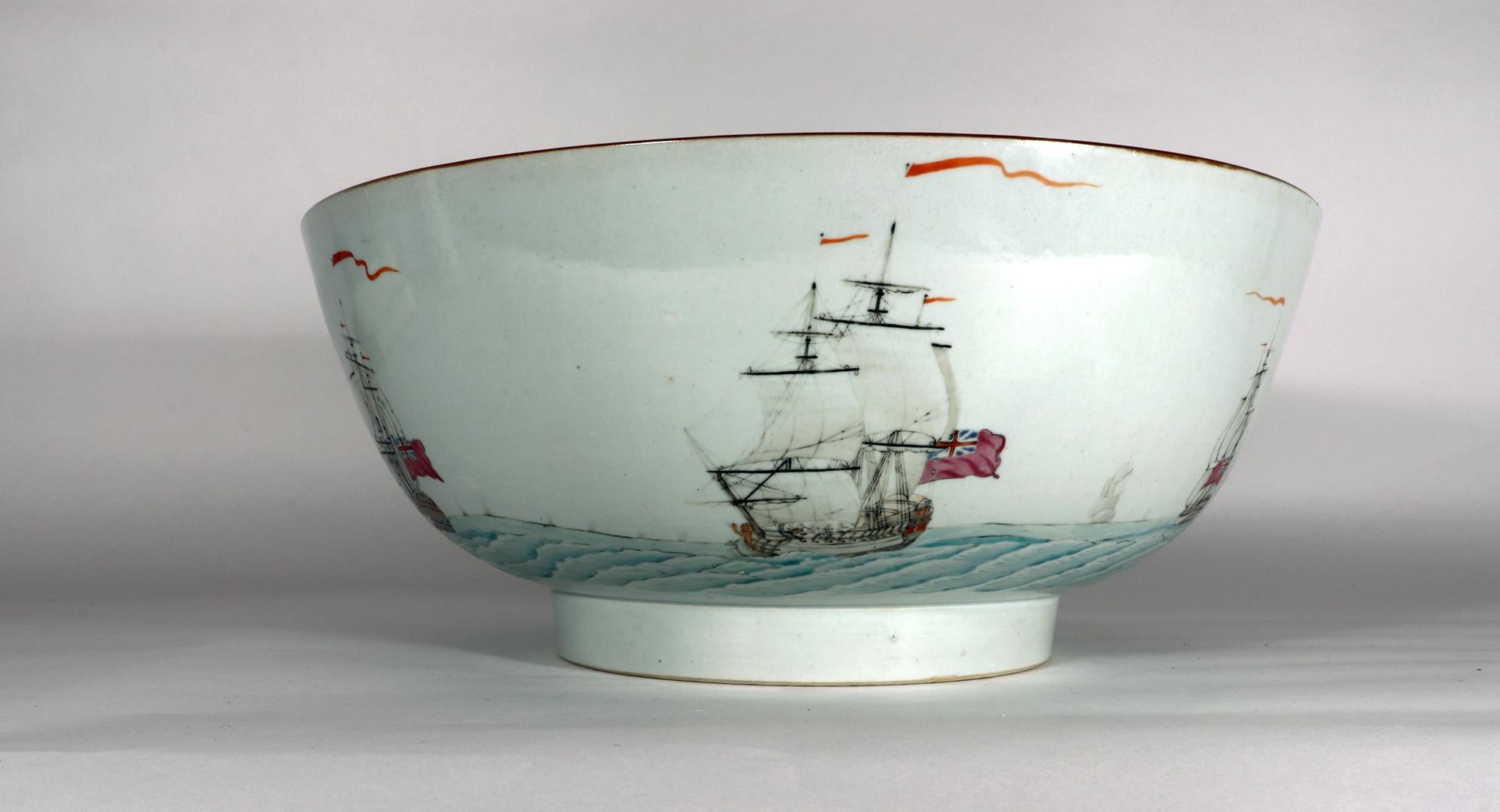 Chinese Export Porcelain Large Punch Bowl Painted with Ships 2