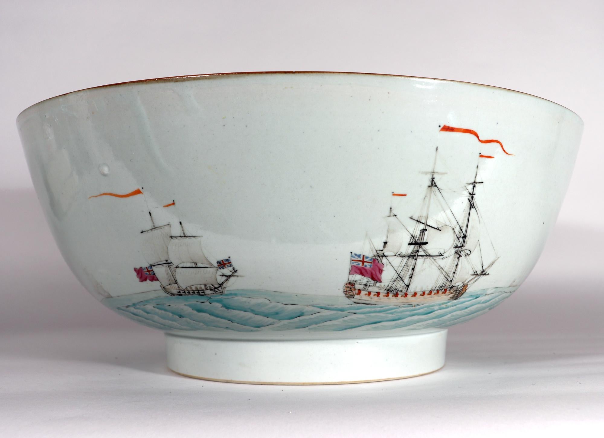 Chinese Export Porcelain Large Punch Bowl Painted with Ships 4