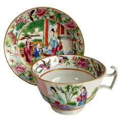 Antique Chinese Export Porcelain Breakfast Teacup, Canton Famille Verte Figures, '1'