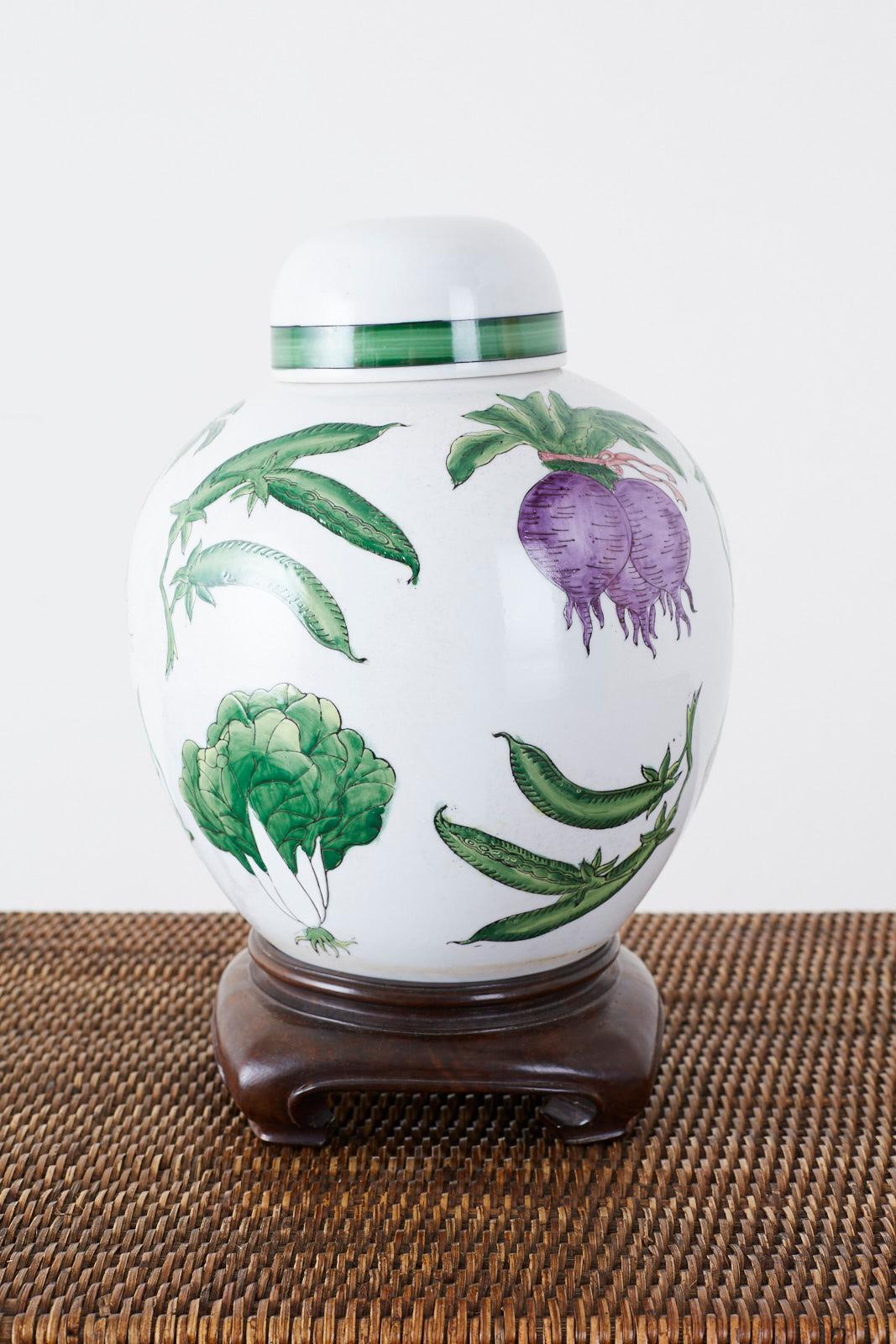 Hand-Crafted Chinese Export Porcelain Lidded Ginger Jar on Stand