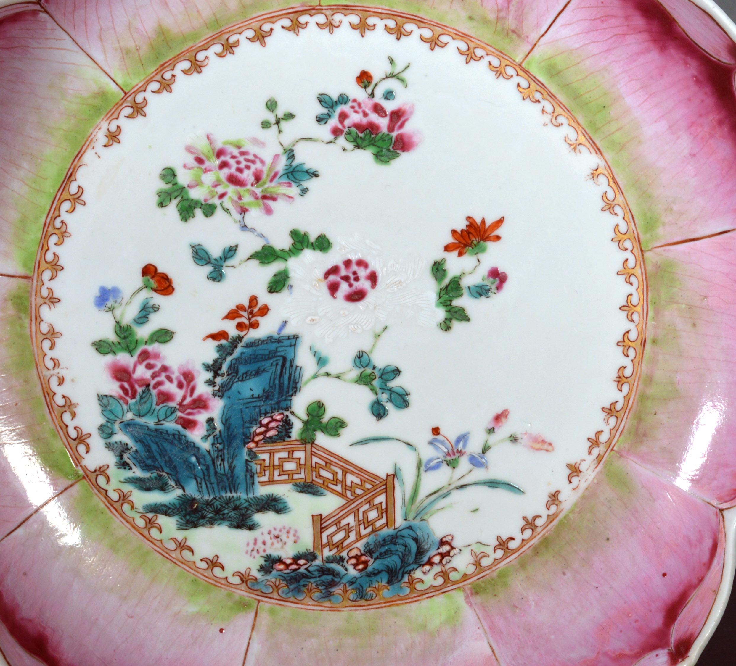 Chinese Export porcelain lotus leaf shaped dish,
circa 1765

The large Chinese Export “famille rose” porcelain saucer dish is made in the form of a lotus leaf with the rim and border in the form of nine different lotus leaf petals in shades of