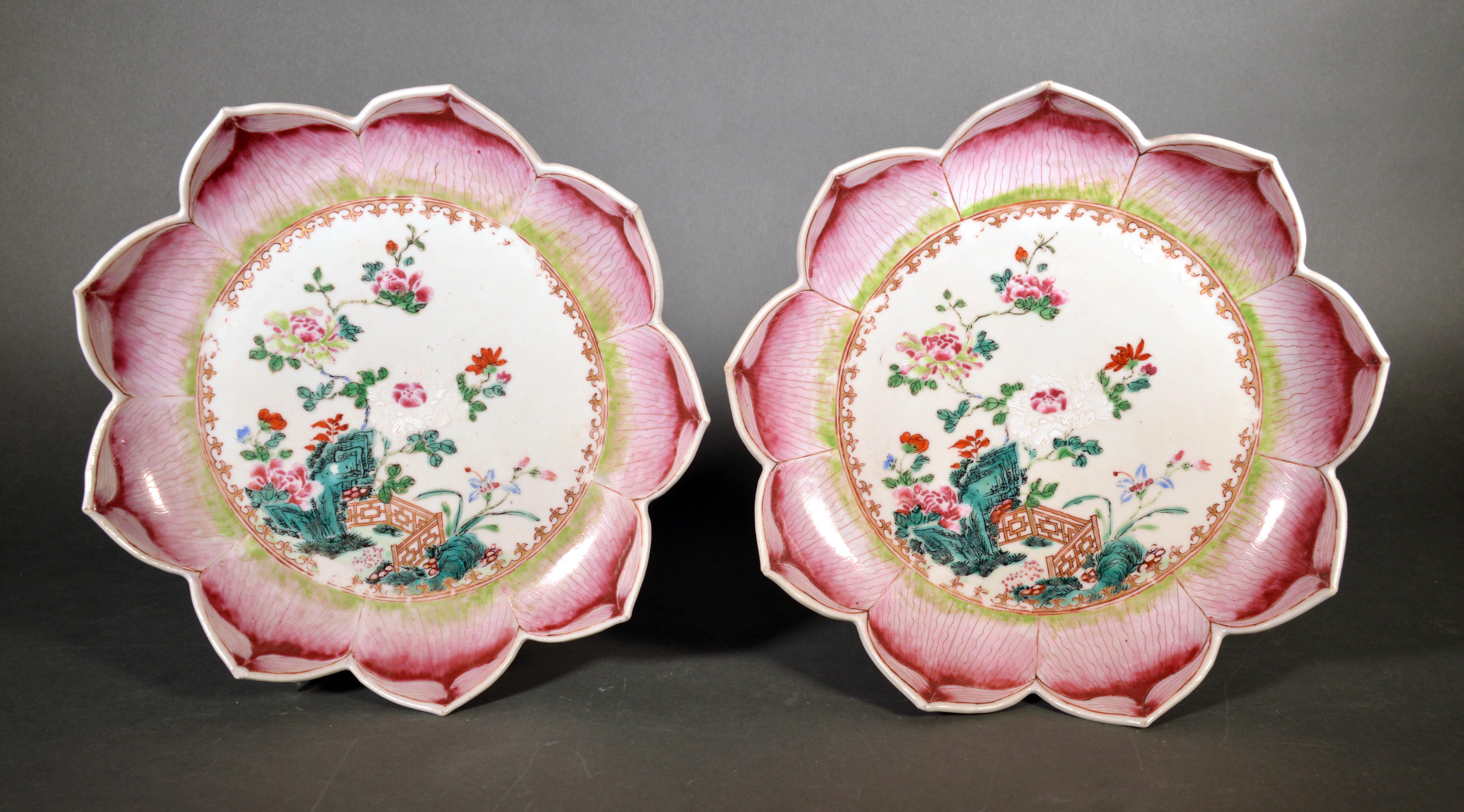 Chinese Export porcelain lotus leaf shaped pair of dishes,
circa 1765


The large Chinese Export “famille rose” porcelain saucer dishes are made in the form of a lotus leaf with the rim and border in the form of nine different lotus leaf petals