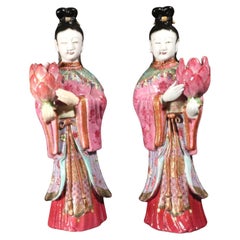 Antique Chinese Export Porcelain Maiden Lotus Candlesticks, A Pair