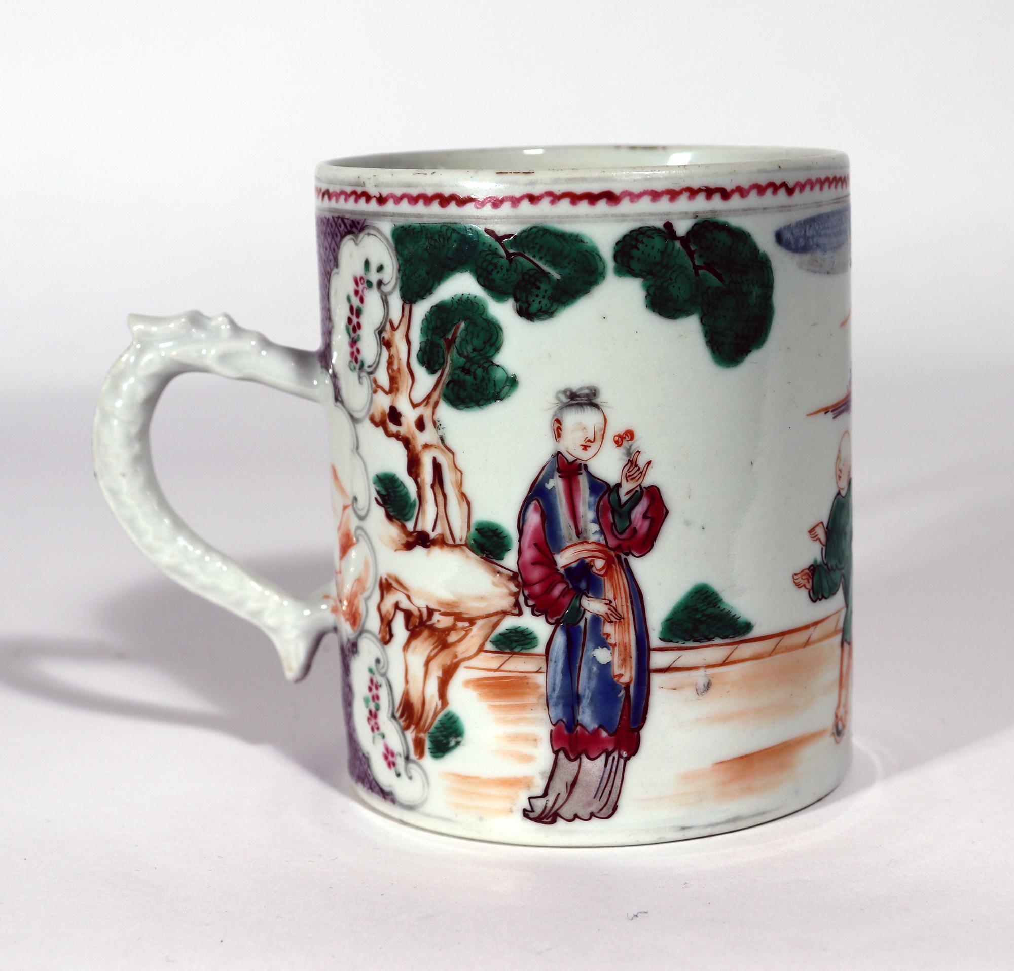Chinese Export Porcelain Mandarin Tankard,
Circa 1785

The late 18th century Chinese Export porcelain mug has a dragon handle and is painted in famille rose with Mandarin figures.  A continuous panel from the base of the handles depicts a woman