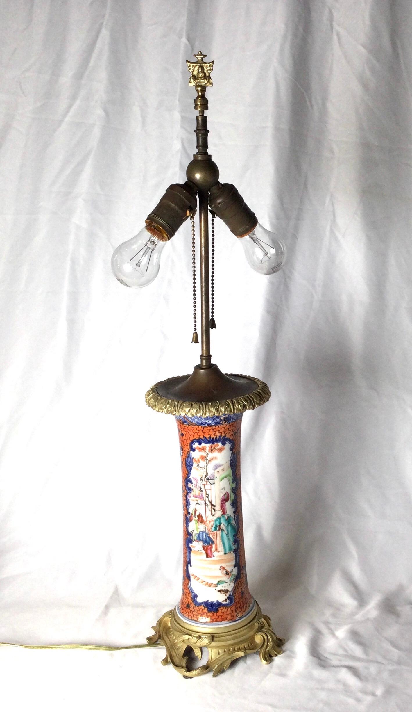 Hand-Painted Chinese Export Porcelain Ormolu Mounted Lamp