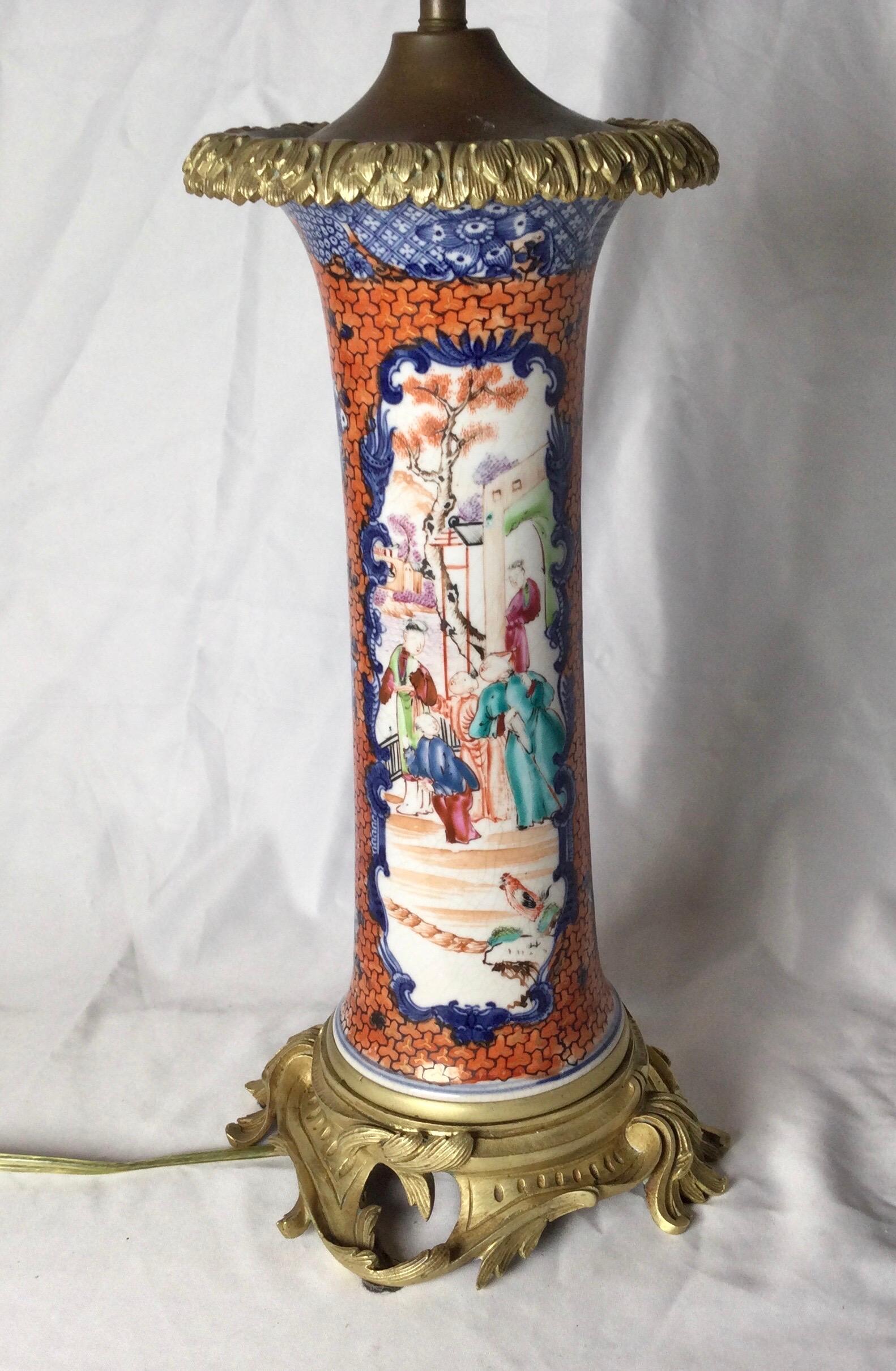 Chinese Export Porcelain Ormolu Mounted Lamp In Excellent Condition In Lambertville, NJ