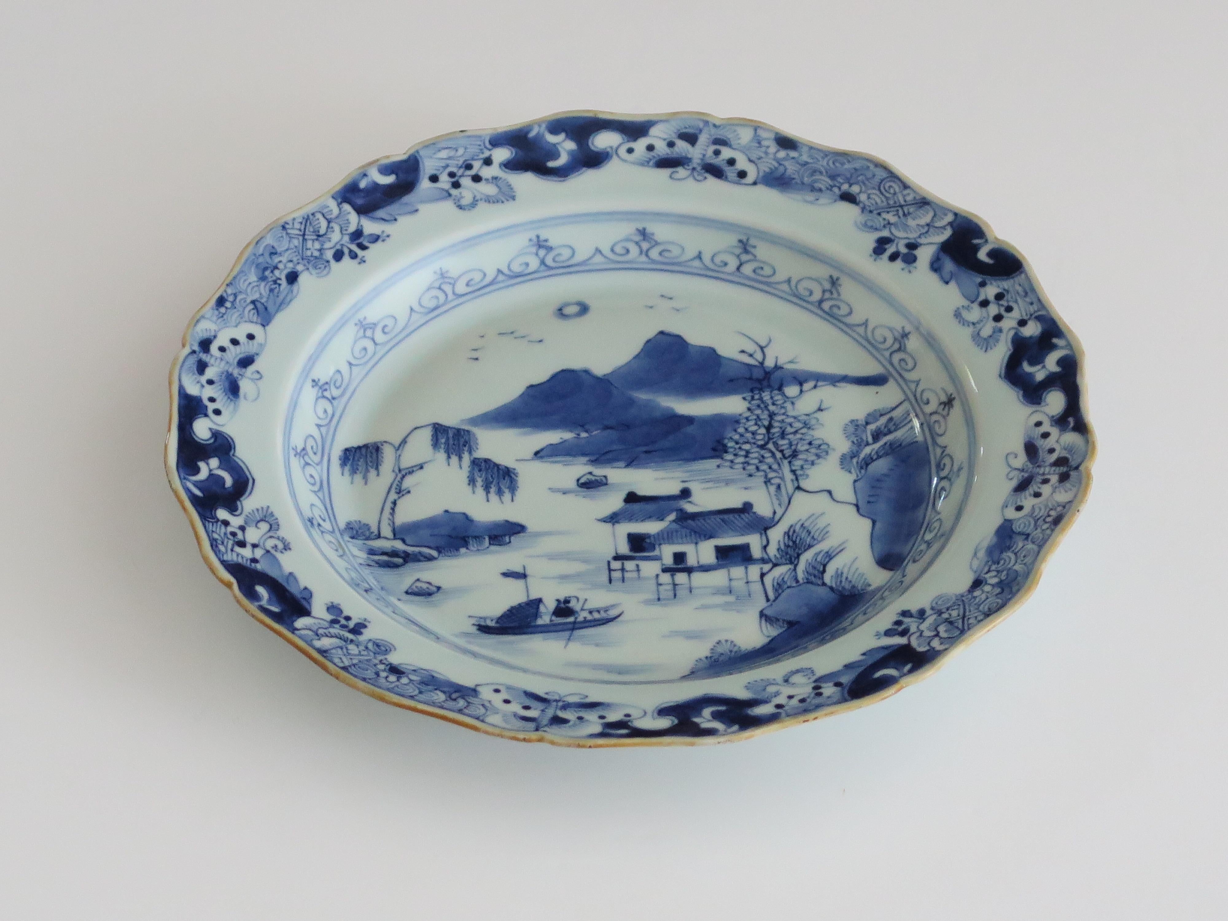 Hand-Painted Chinese Export Porcelain Plate Blue and White Waterside Scene, Qing, circa 1770