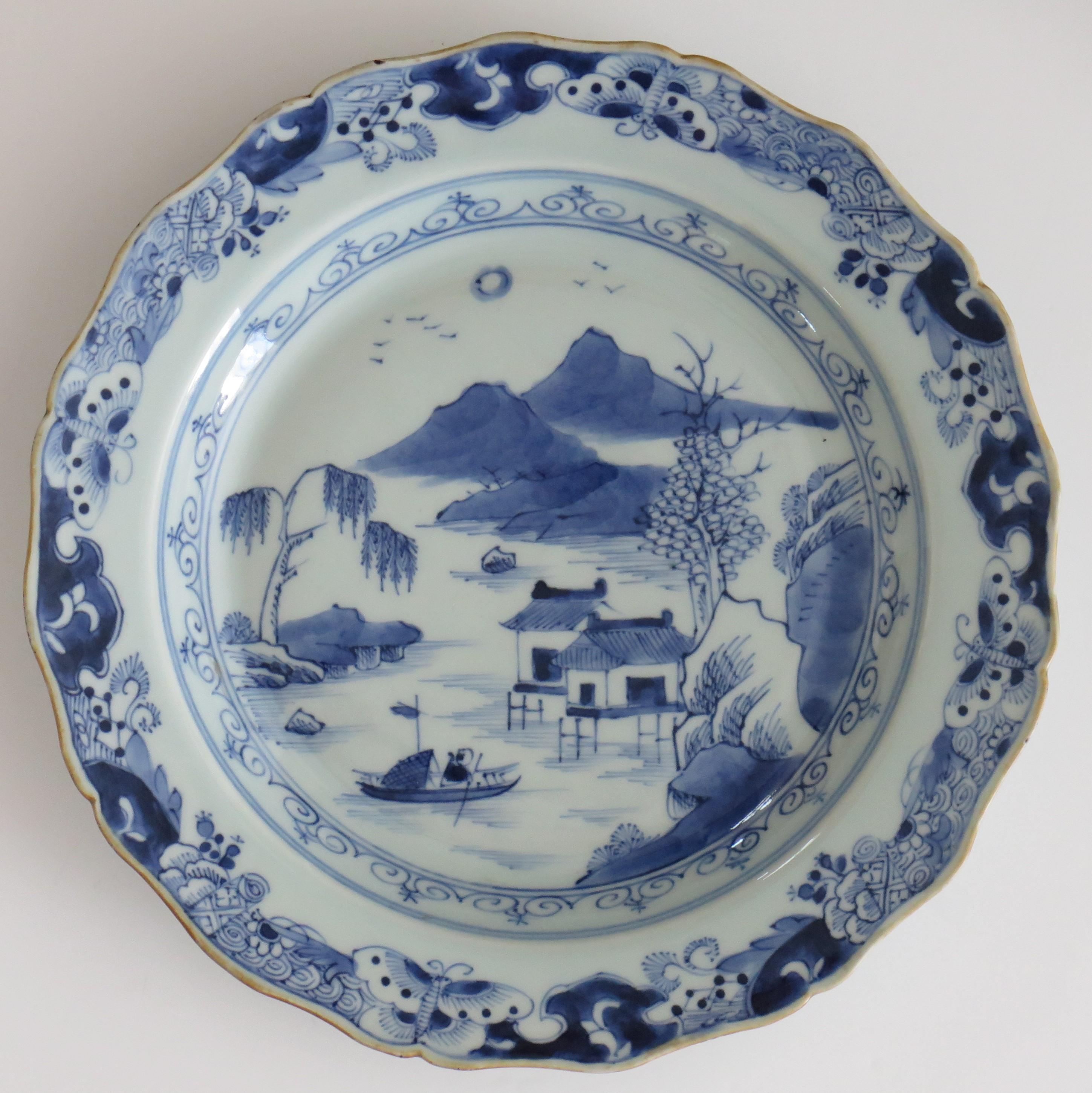 18th Century Chinese Export Porcelain Plate Blue and White Waterside Scene, Qing, circa 1770