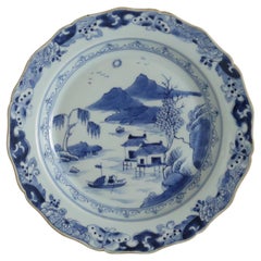 Chinese Export Porcelain Plate Blue and White Waterside Scene, Qing, circa 1770