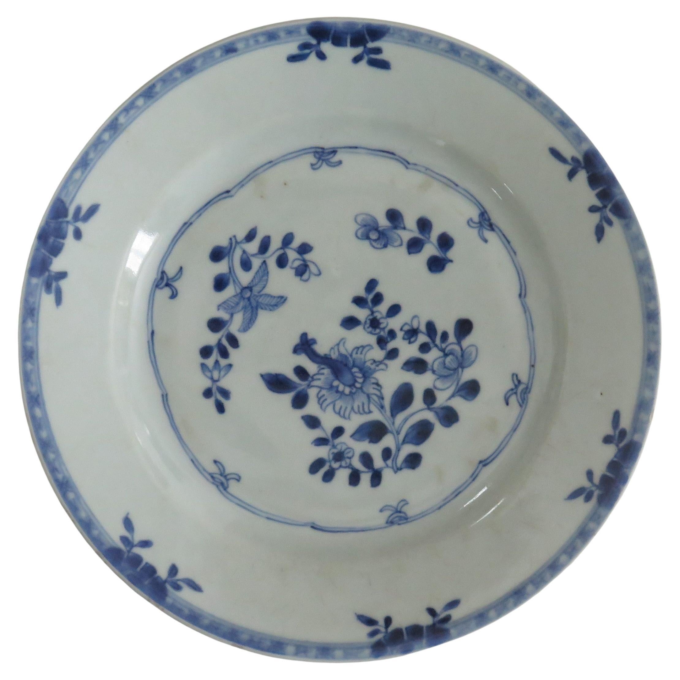 Chinese Export Porcelain Plate Blue & White Hand Painted, Qing, circa 1770