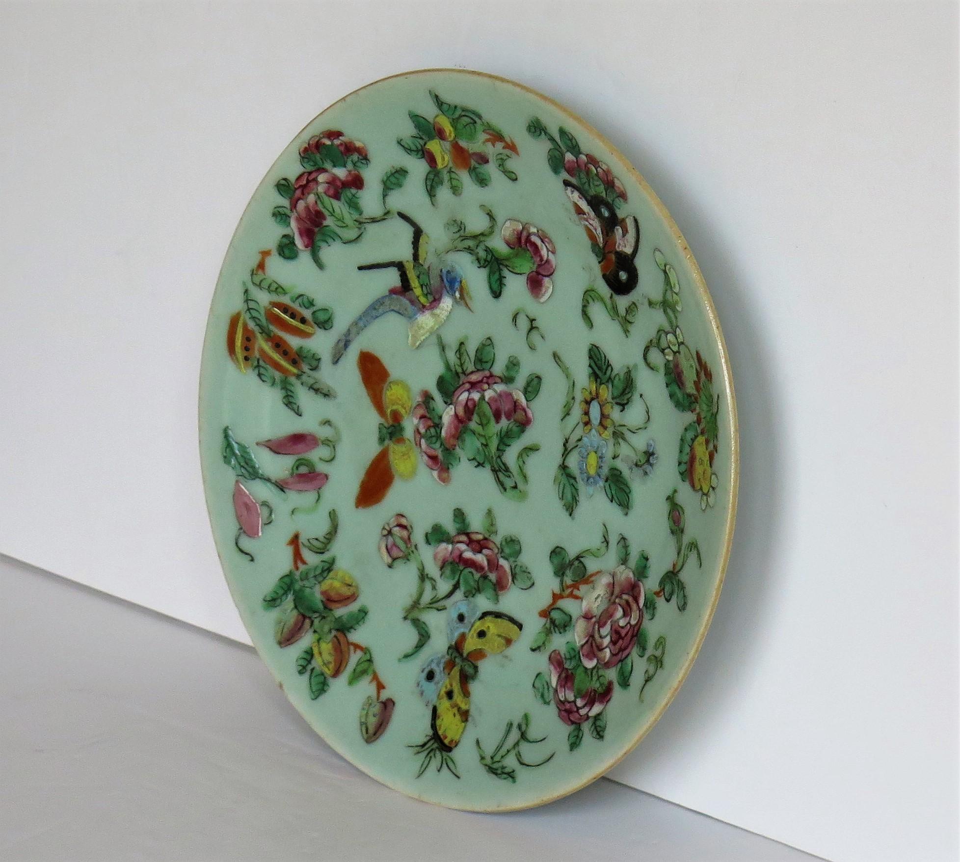 Hand-Painted Chinese Export Porcelain Plate or Dish Celadon Glaze Hand Painted, Qing Ca 1820