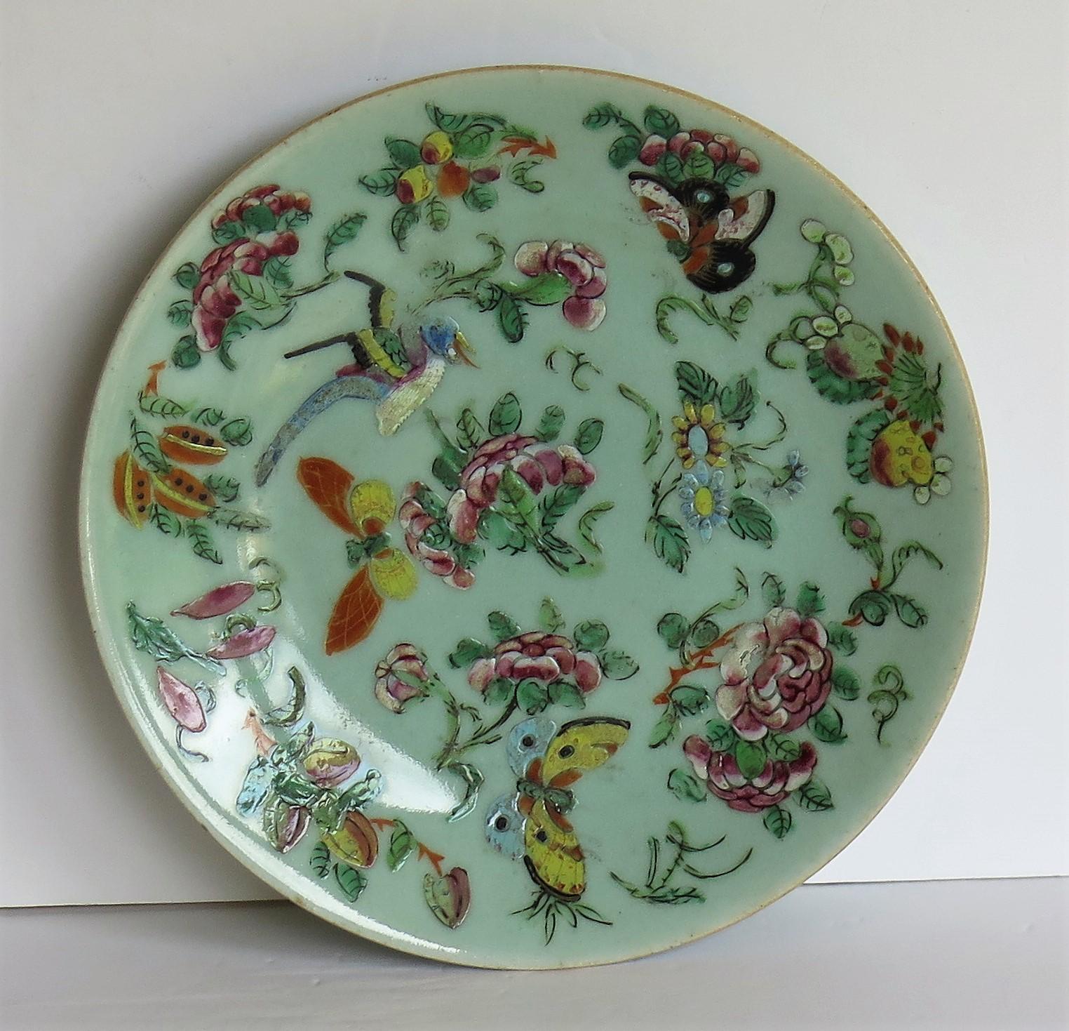 Chinese Export Porcelain Plate or Dish Celadon Glaze Hand Painted, Qing Ca 1820 1