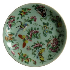 Antique Chinese Export Porcelain Plate or Dish Celadon Glaze Hand Painted, Qing Ca 1820