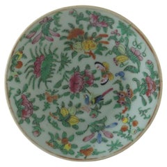 Antique Chinese Export Porcelain Plate or Dish Celadon Glaze Hand Painted, Qing Ca 1820