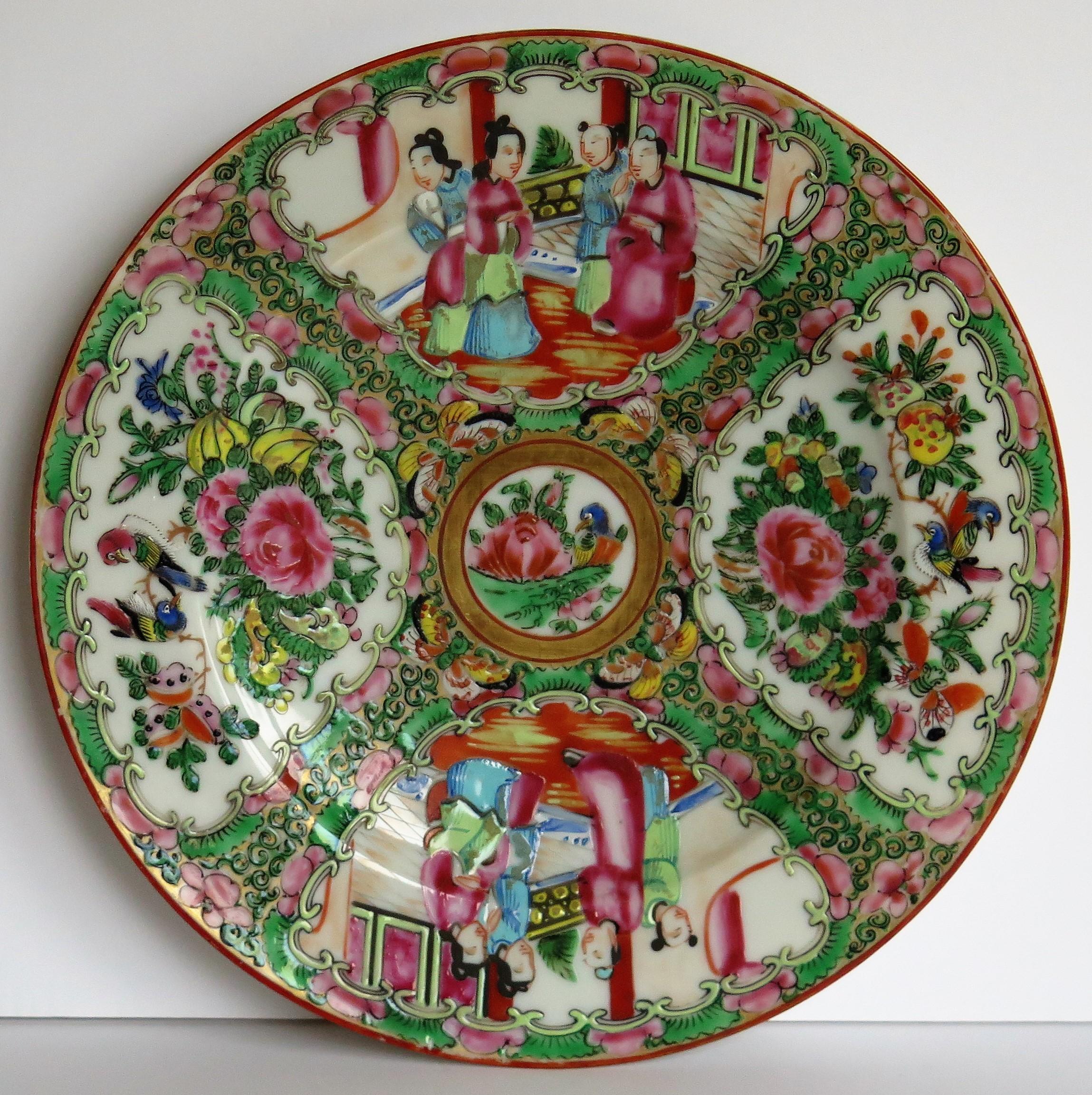 This is a very decorative Chinese Export, porcelain, Rose Medallion dish or plate which we date to the 19th century, Qing dynasty, circa 1870.

It is hand-painted in the Canton or Chinese export, rose medallion decoration with four panels