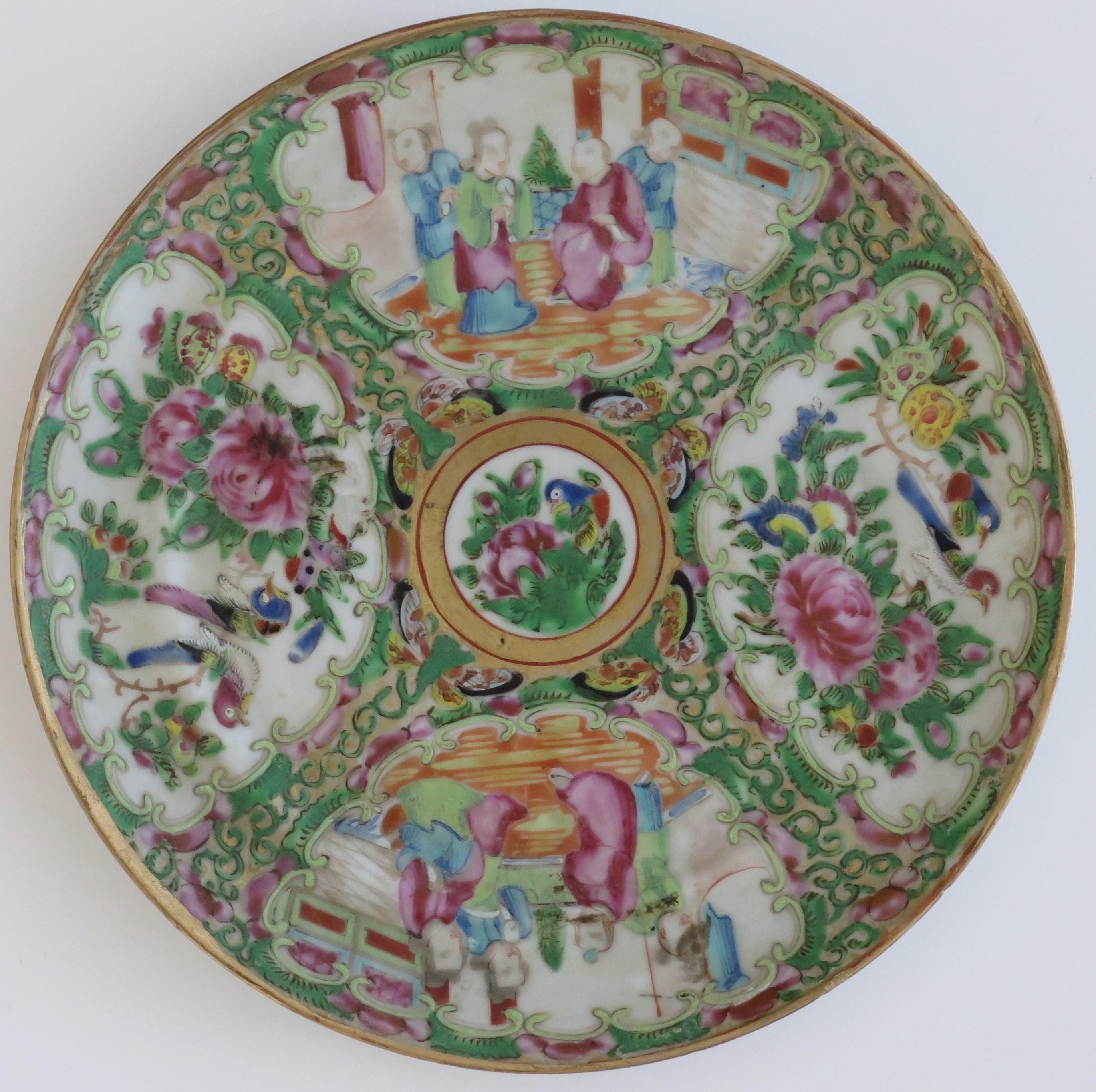 This is a very decorative Chinese Export, porcelain, Rose Medallion dish or plate which we date to the 19th century, Qing dynasty, circa 1875.

It is hand painted in the Canton or Chinese export, rose medallion decoration with four panels