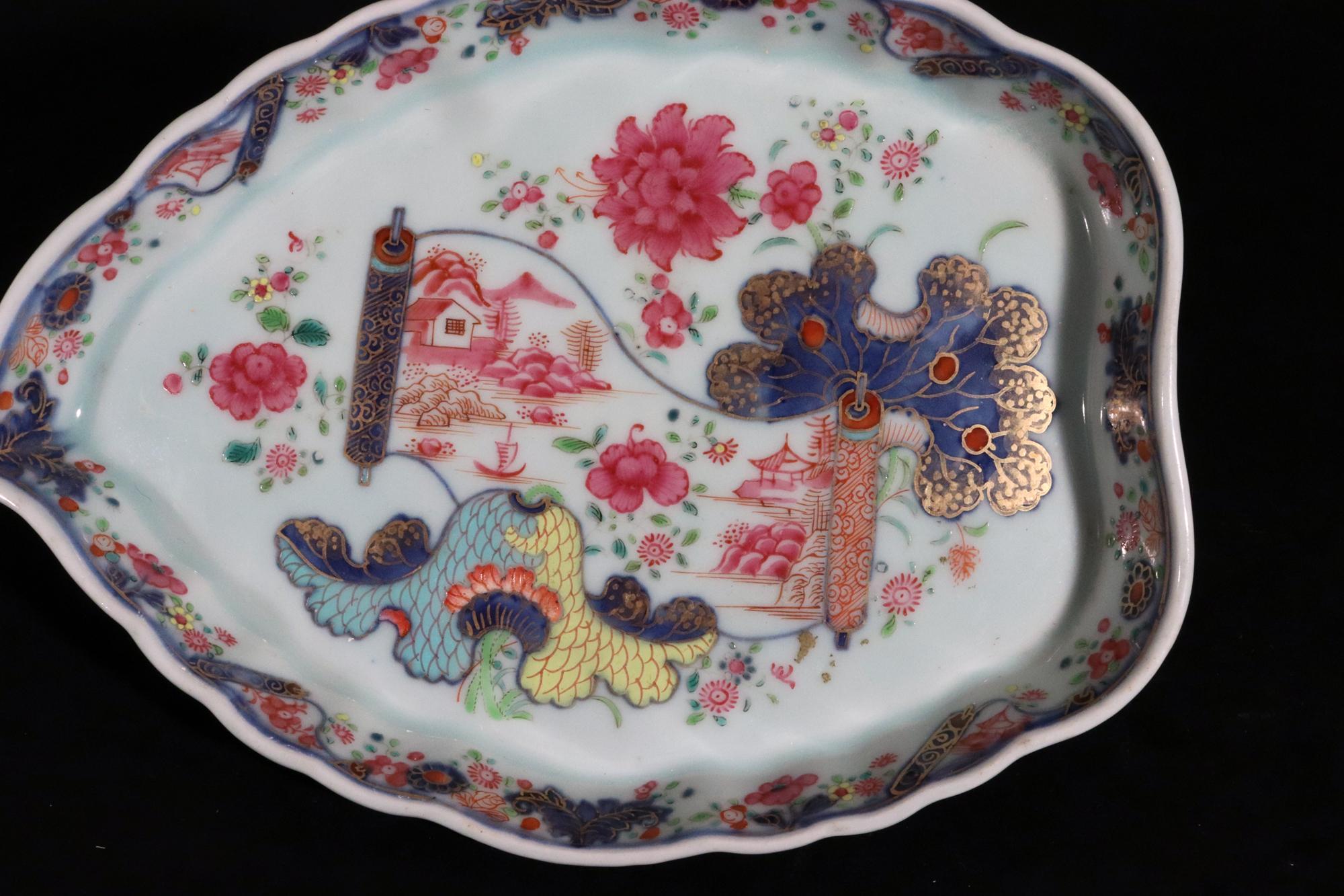 18th Century Chinese Export Porcelain Pseudo Tobacco Leaf Shaped Dish with Puce Scroll For Sale