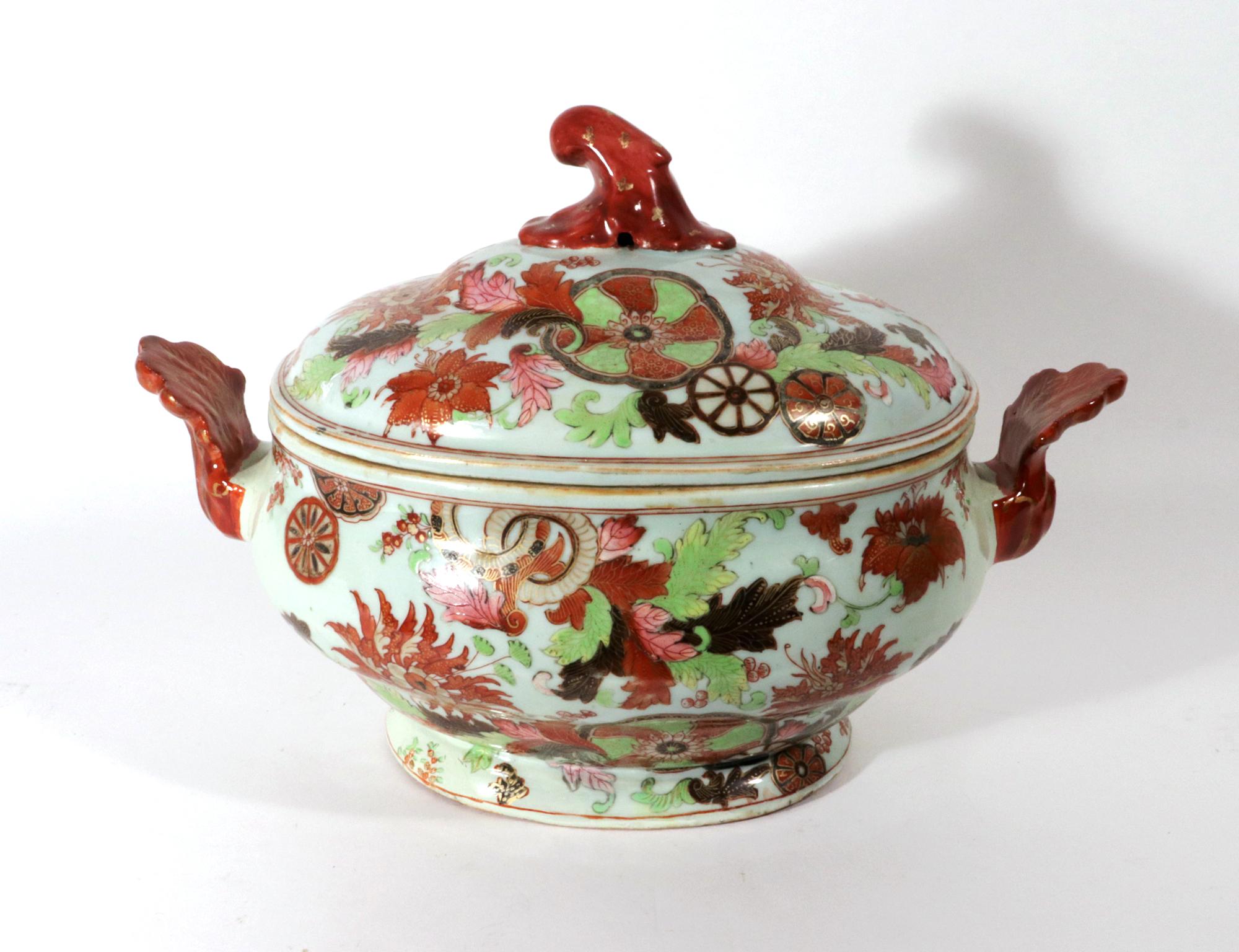 Chinese Export Porcelain Pseudo Tobacco Leaf Soup Tureen and Cover In Good Condition In Downingtown, PA