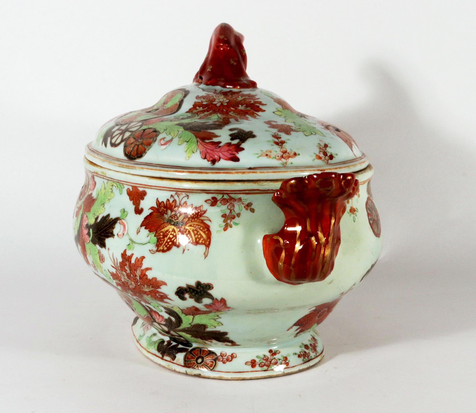 Chinese Export Porcelain Pseudo Tobacco Leaf Soup Tureen and Cover 4