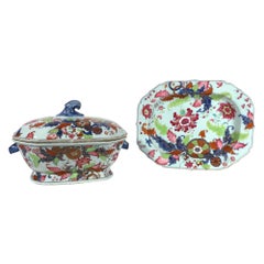 Chinese Export Porcelain Pseudo Tobacco Leaf Soup Tureen, Cover, and Stand