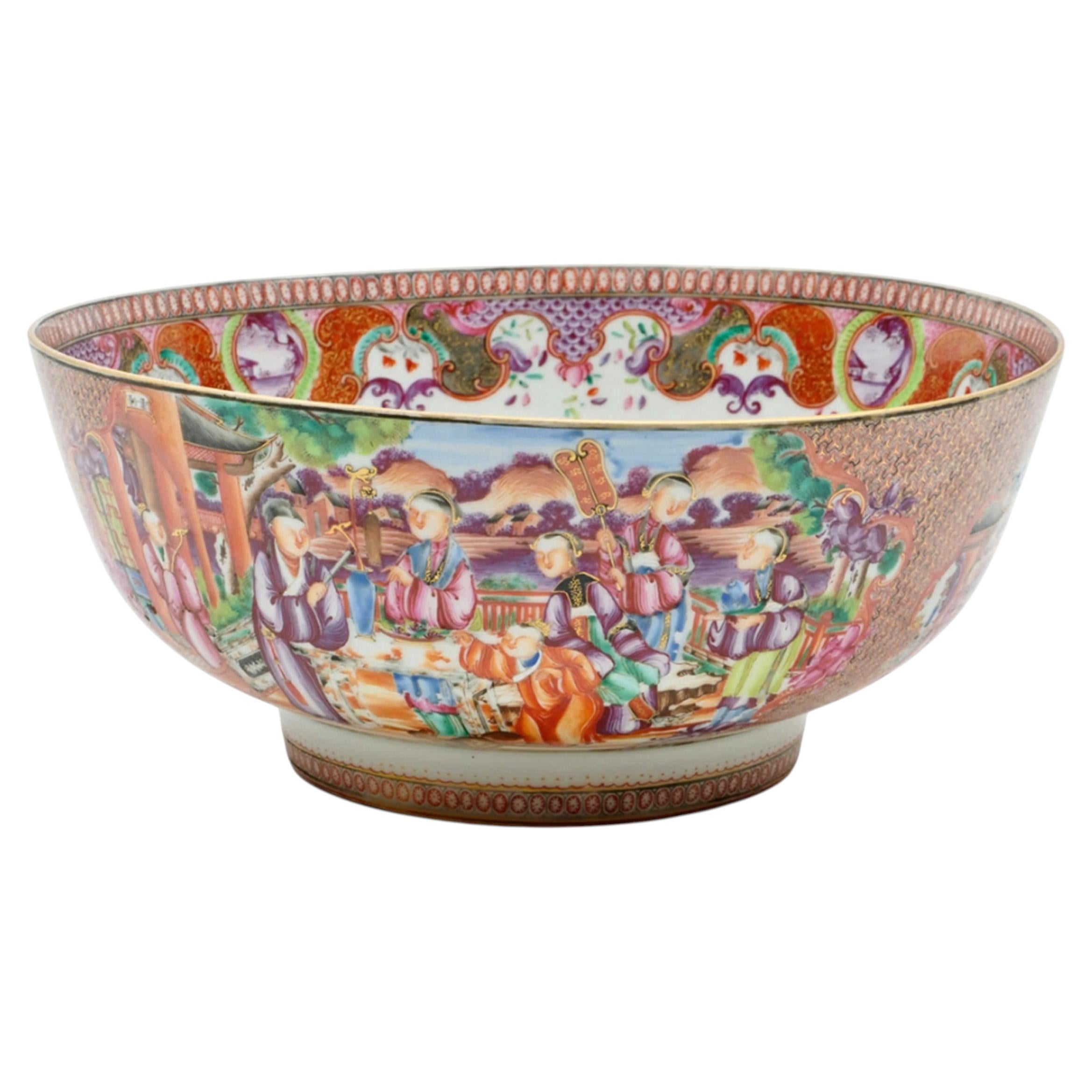Chinese Export Porcelain Punch Bowl, Famille Rose Mandarin, Qianlong c. 1780