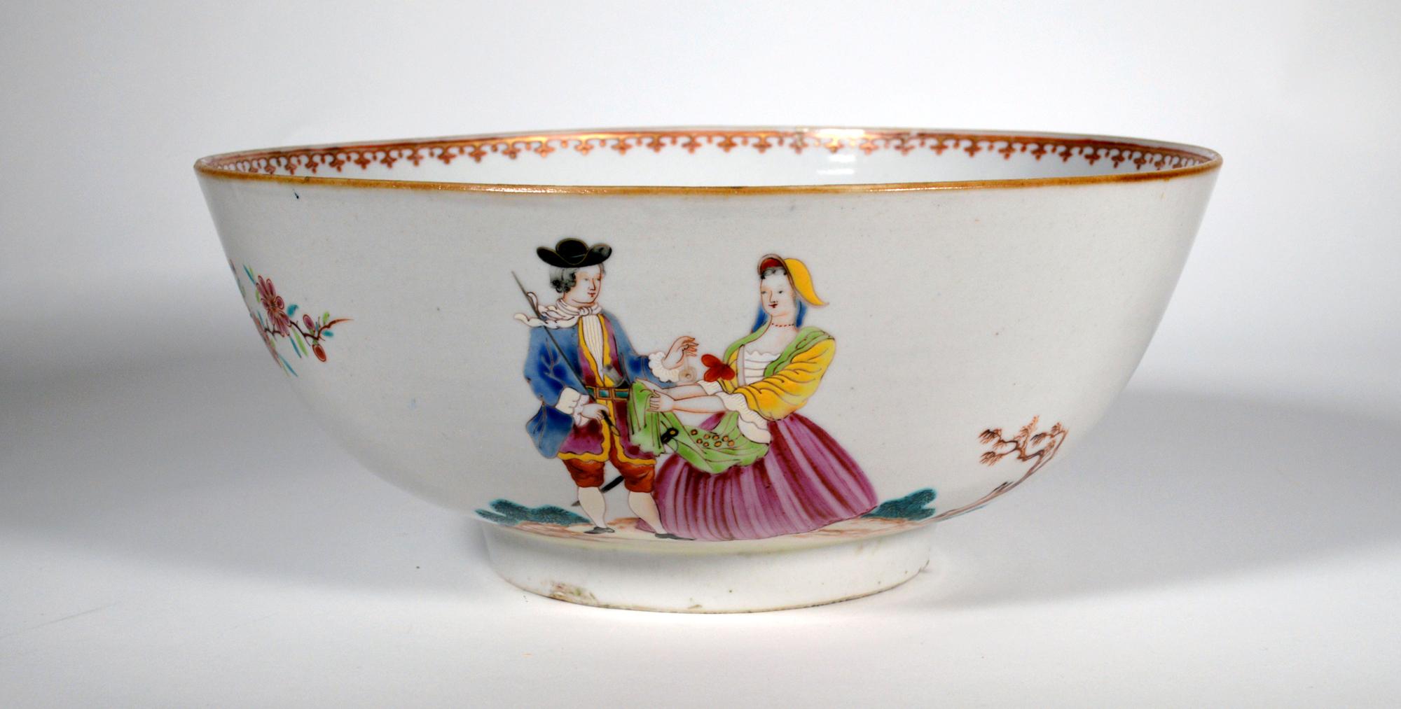 Chinese Export Porcelain Punch Bowl Sailor Farwell & Return with Royal Navy Ship In Good Condition For Sale In Downingtown, PA