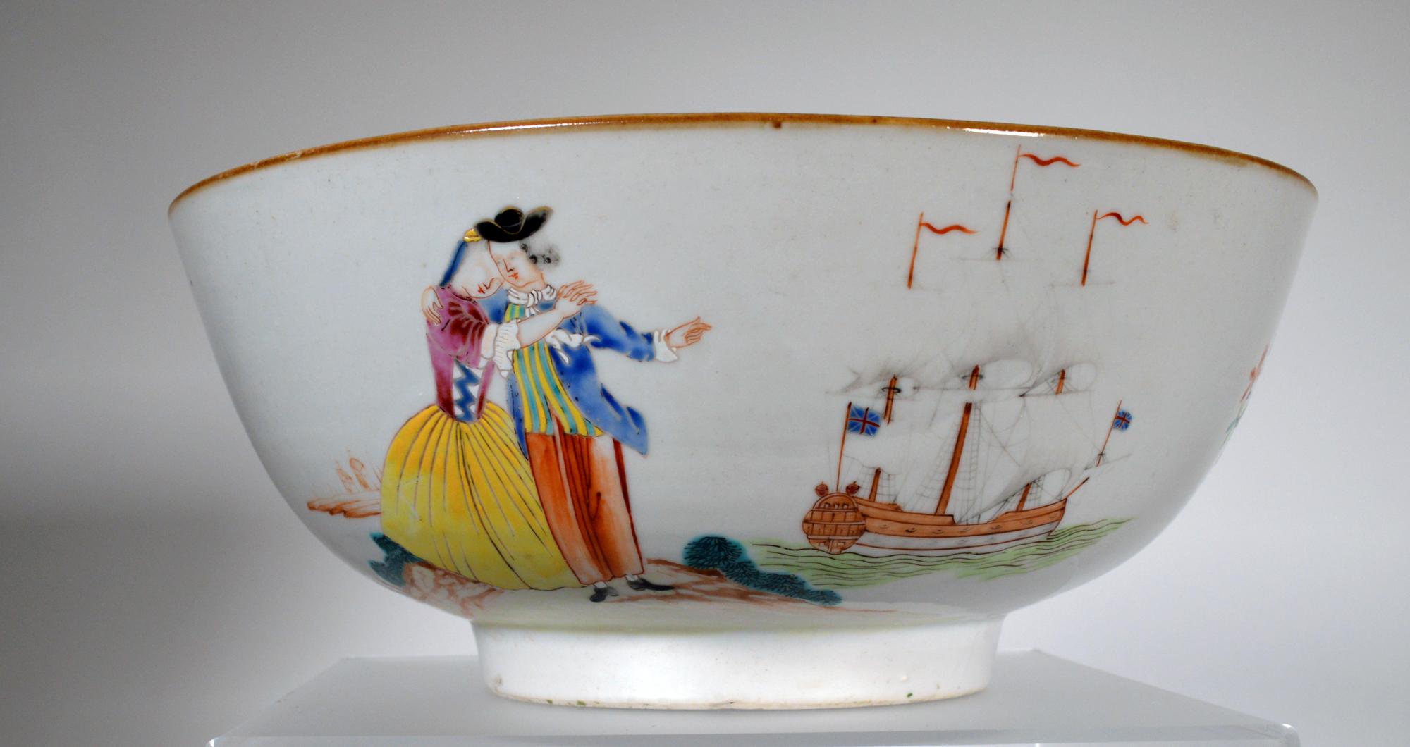 Chinese Export Porcelain Punch Bowl Sailor Farwell & Return with Royal Navy Ship For Sale 2