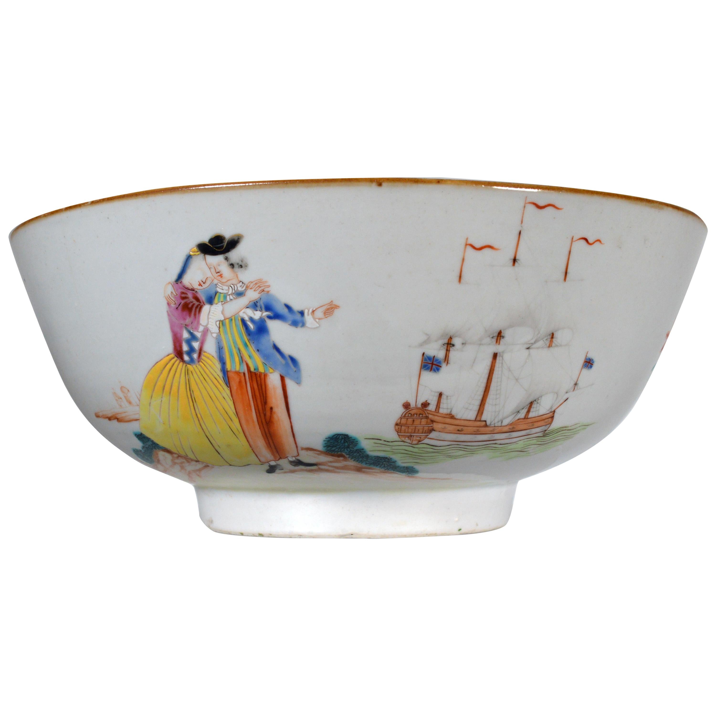 Bol à punch en porcelaine d'exportation chinoise à sujet européen,
Adieu au marin et bol de retour avec un navire de la Royal Navy,
vers 1765-1775.

Ce bol en porcelaine d'exportation chinoise présente deux images d'un marin et de sa femme :