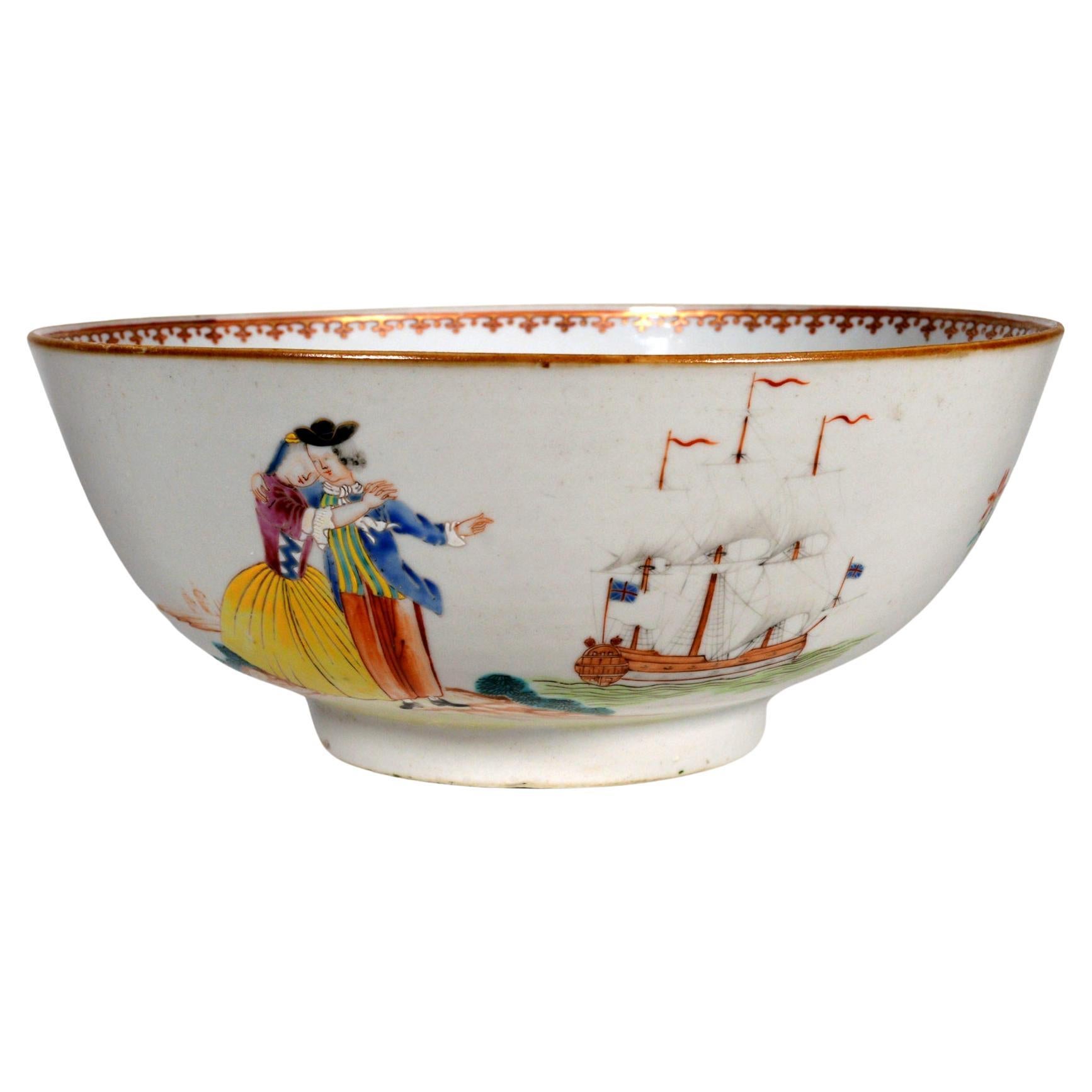 Chinese Export Porcelain Punch Bowl Sailor Farwell & Return with Royal Navy Ship For Sale