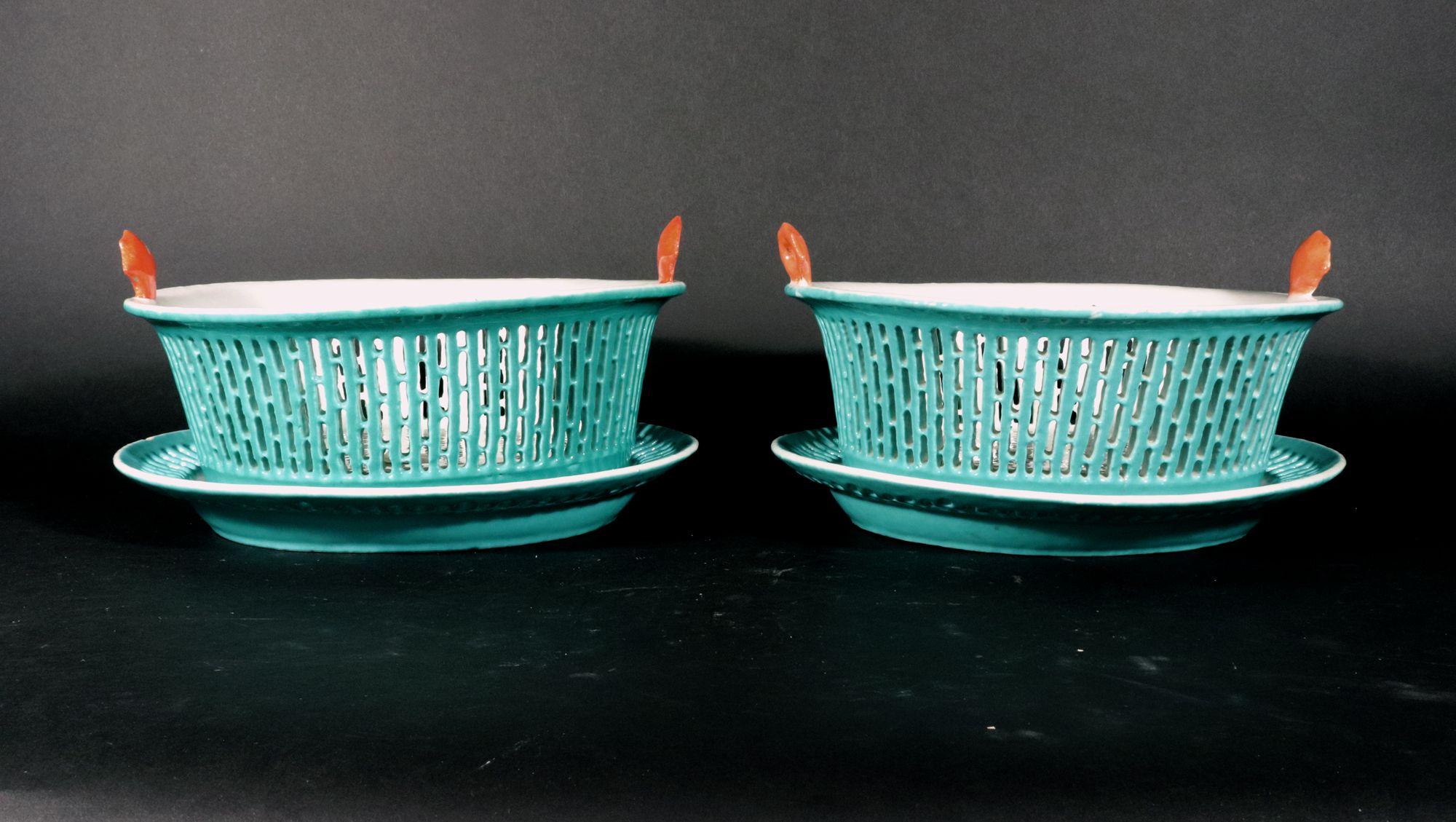 Chinese Export Porcelain Turquoise Openwork Fruit Baskets & Stands,
Circa 1785

The Chinese Export porcelain openwork fruit baskets and stands are painted with an allover turquoise enamel on the exterior and the interior of the basket and the stand