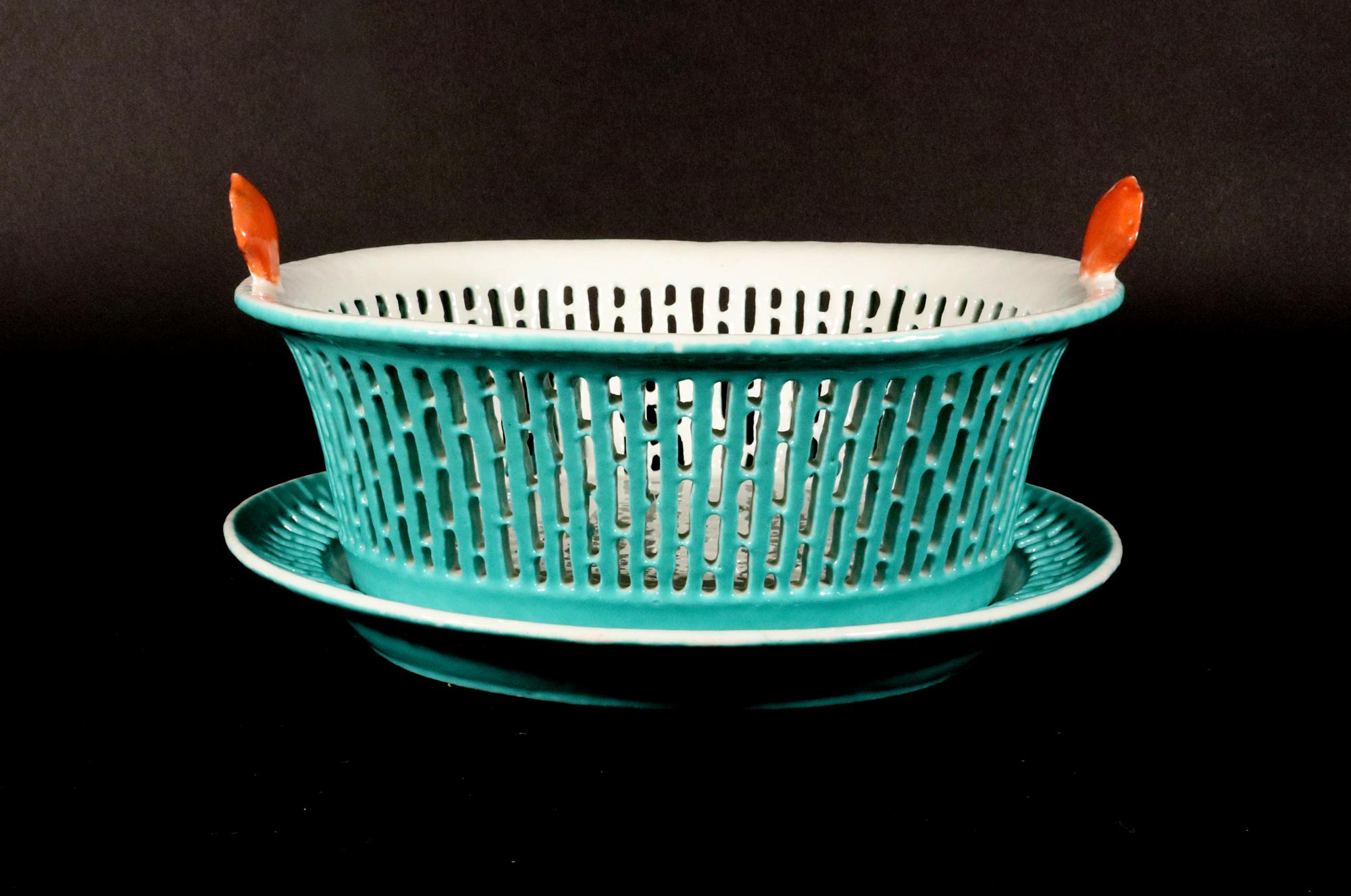 Chinese Export Porcelain Rare Turquoise Fruit Baskets & Stands- a Pair In Good Condition For Sale In Downingtown, PA
