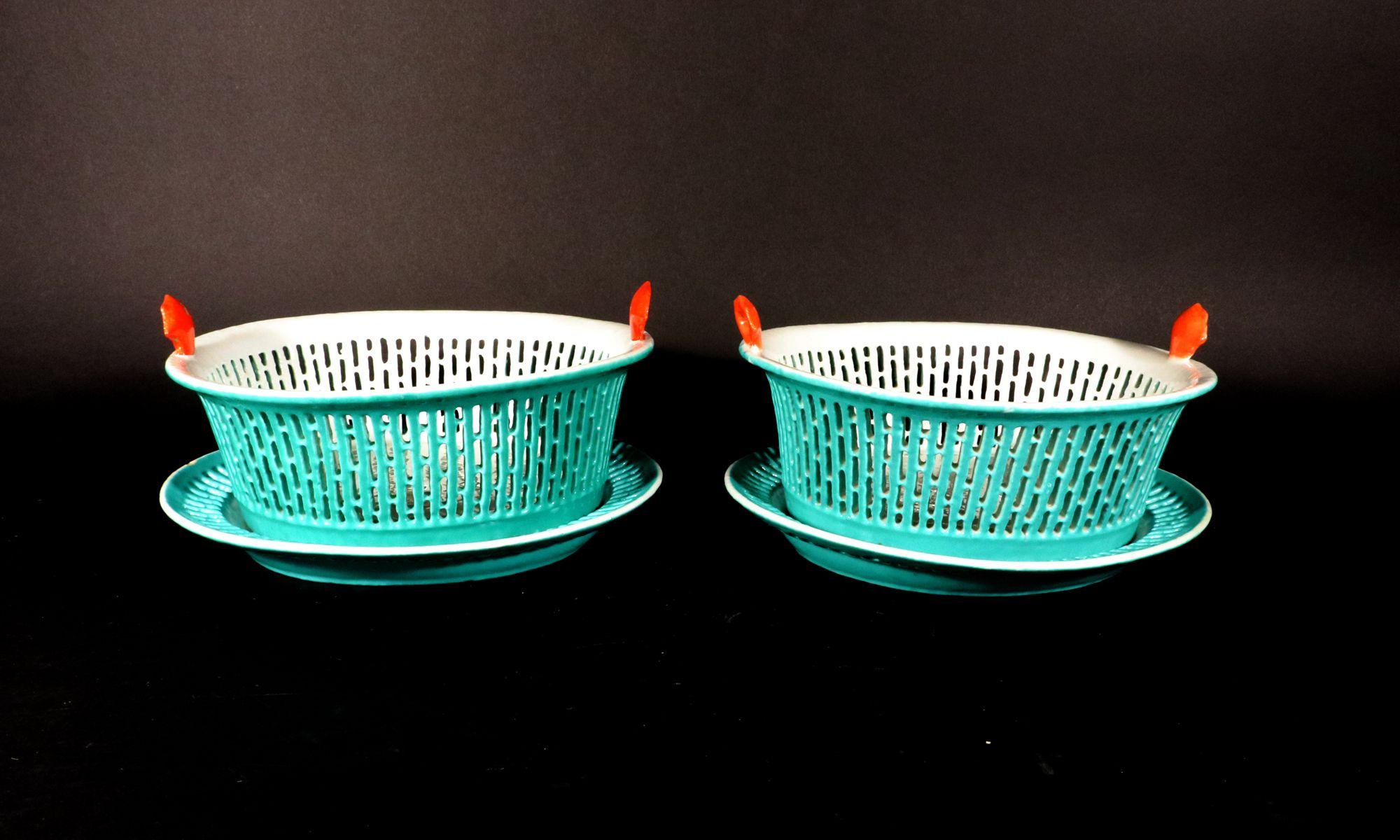 Chinese Export Porcelain Rare Turquoise Fruit Baskets & Stands- a Pair For Sale 1