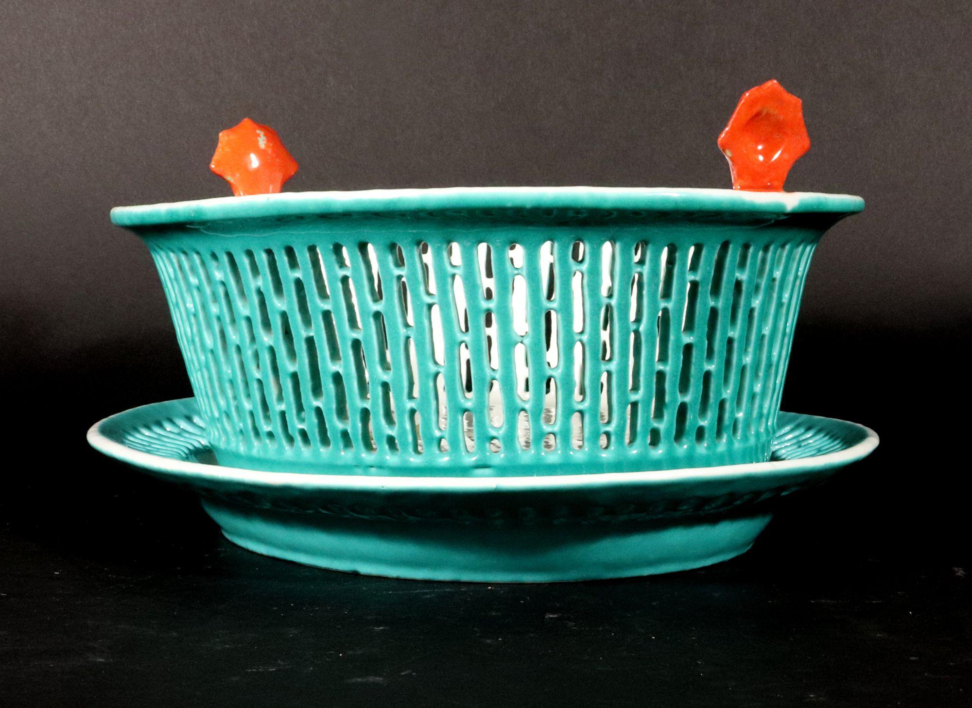Chinese Export Porcelain Rare Turquoise Fruit Baskets & Stands- a Pair For Sale 2