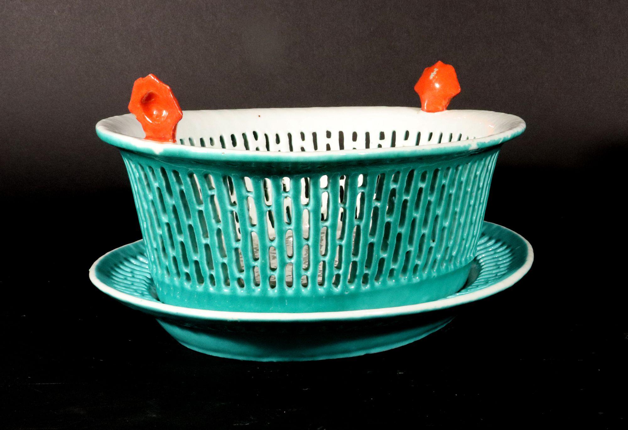 Chinese Export Porcelain Rare Turquoise Fruit Baskets & Stands- a Pair For Sale 3