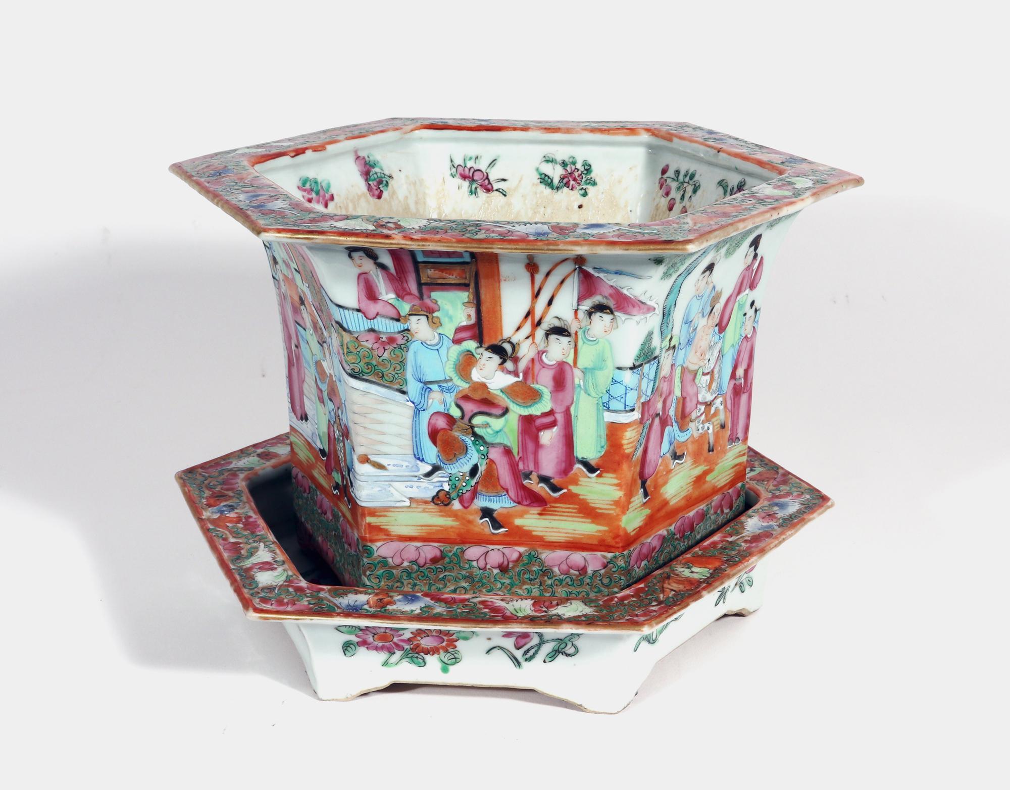 Chinese Export Porcelain Rose Canton Cache Pot & Stand For Sale 9