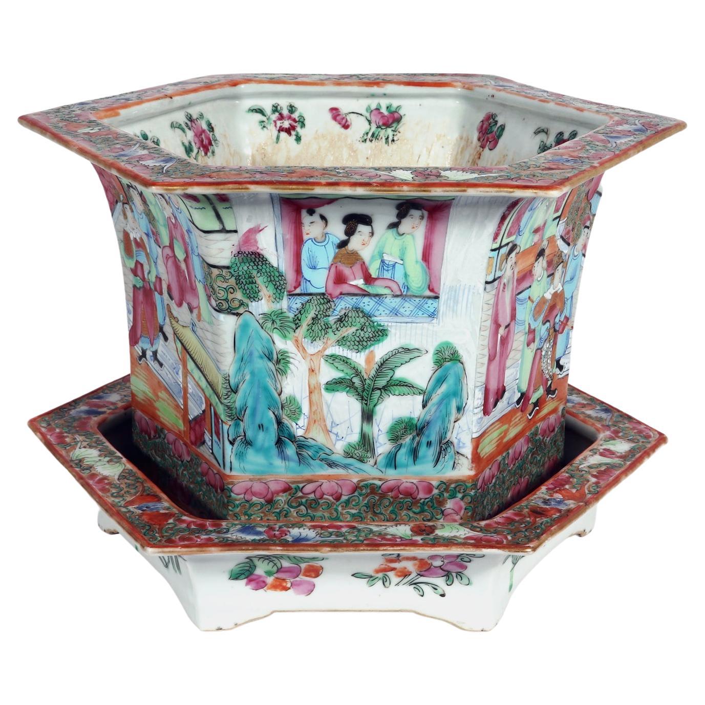 Chinese Export Porcelain Rose Canton Cache Pot & Stand For Sale