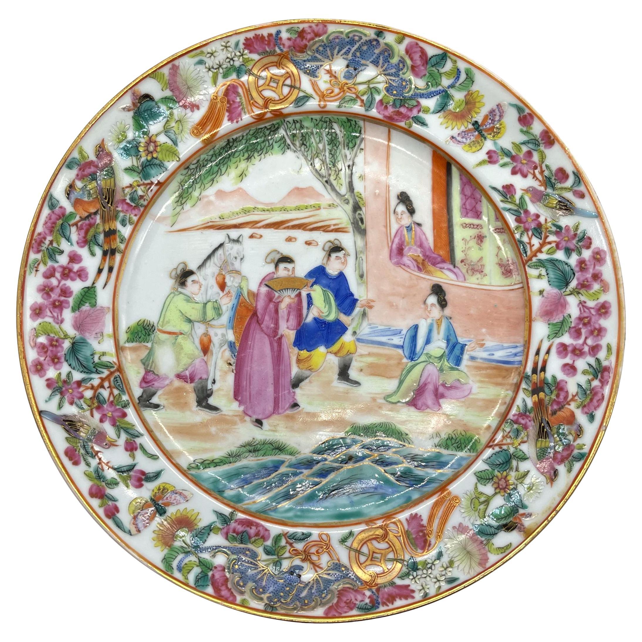 vintage collectible 70s Chinese cantonese porcelain hand painted plate cultural revolution chinoiserie Canton ware colorful