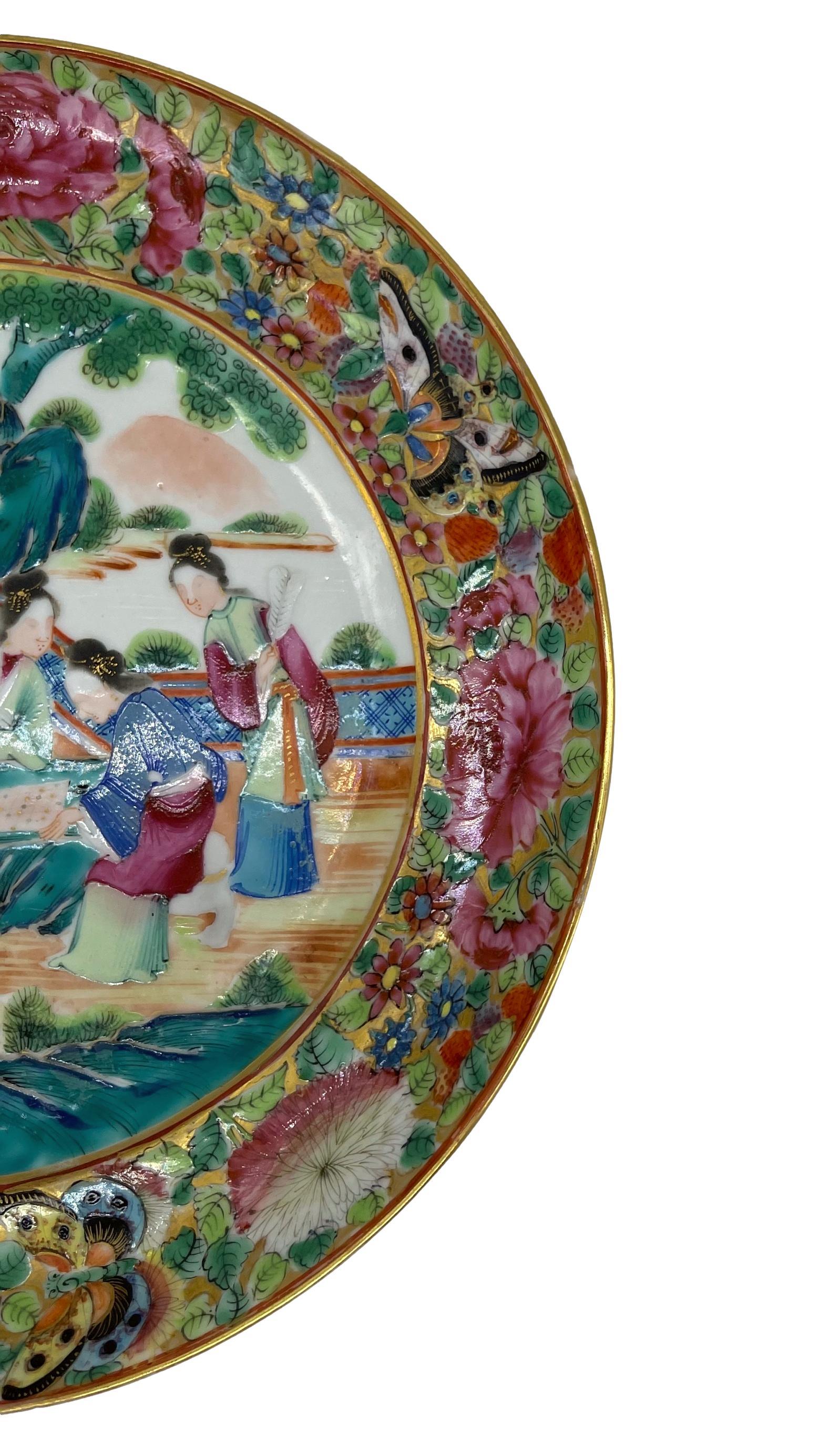 Enameled Chinese Export Porcelain Rose Mandarin Plate, 8.5 ins, Canton, ca. 1840