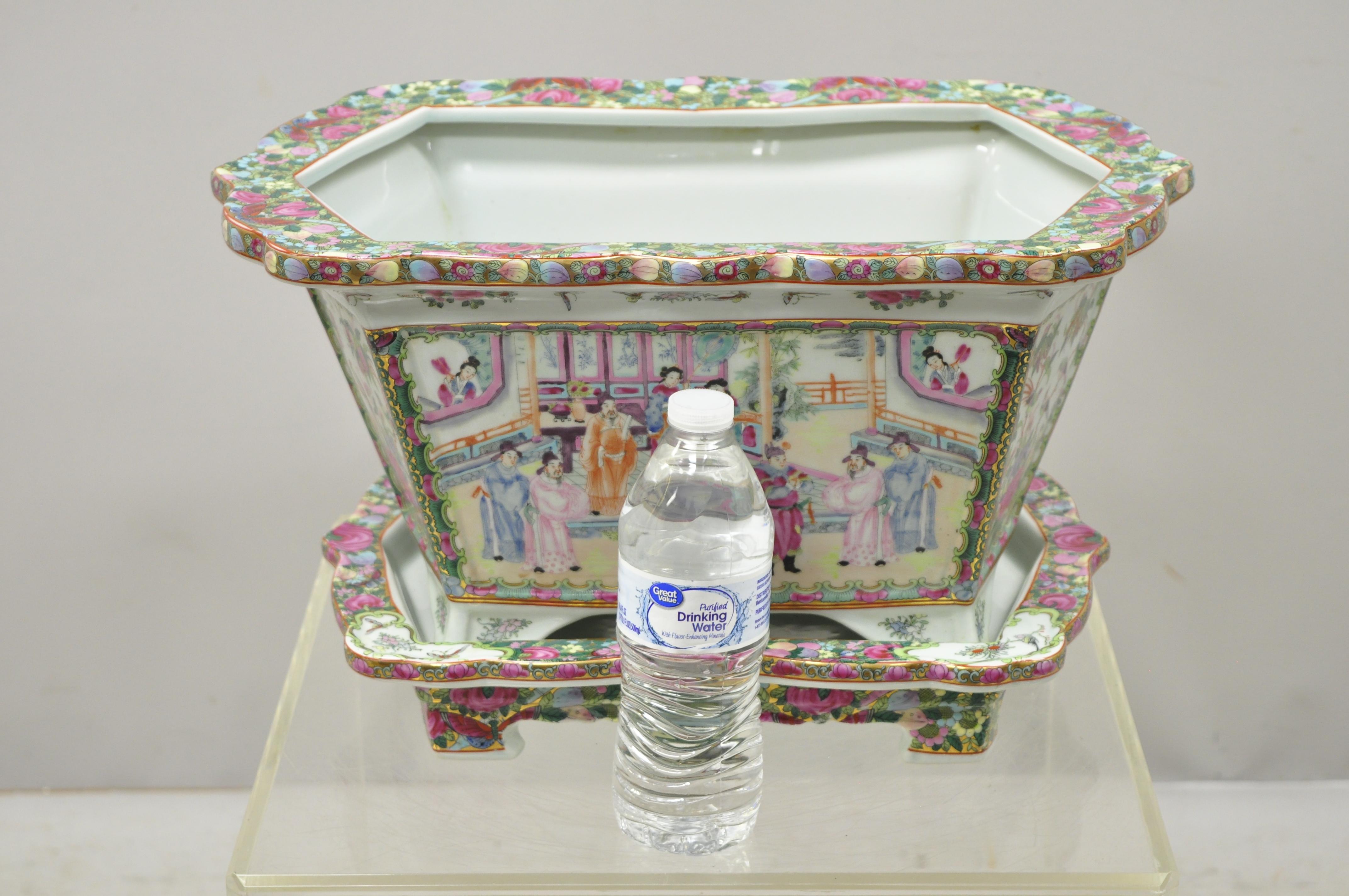 Chinese Export Porcelain Rose Medallion Jardinière Planter Under Plate Tray 2