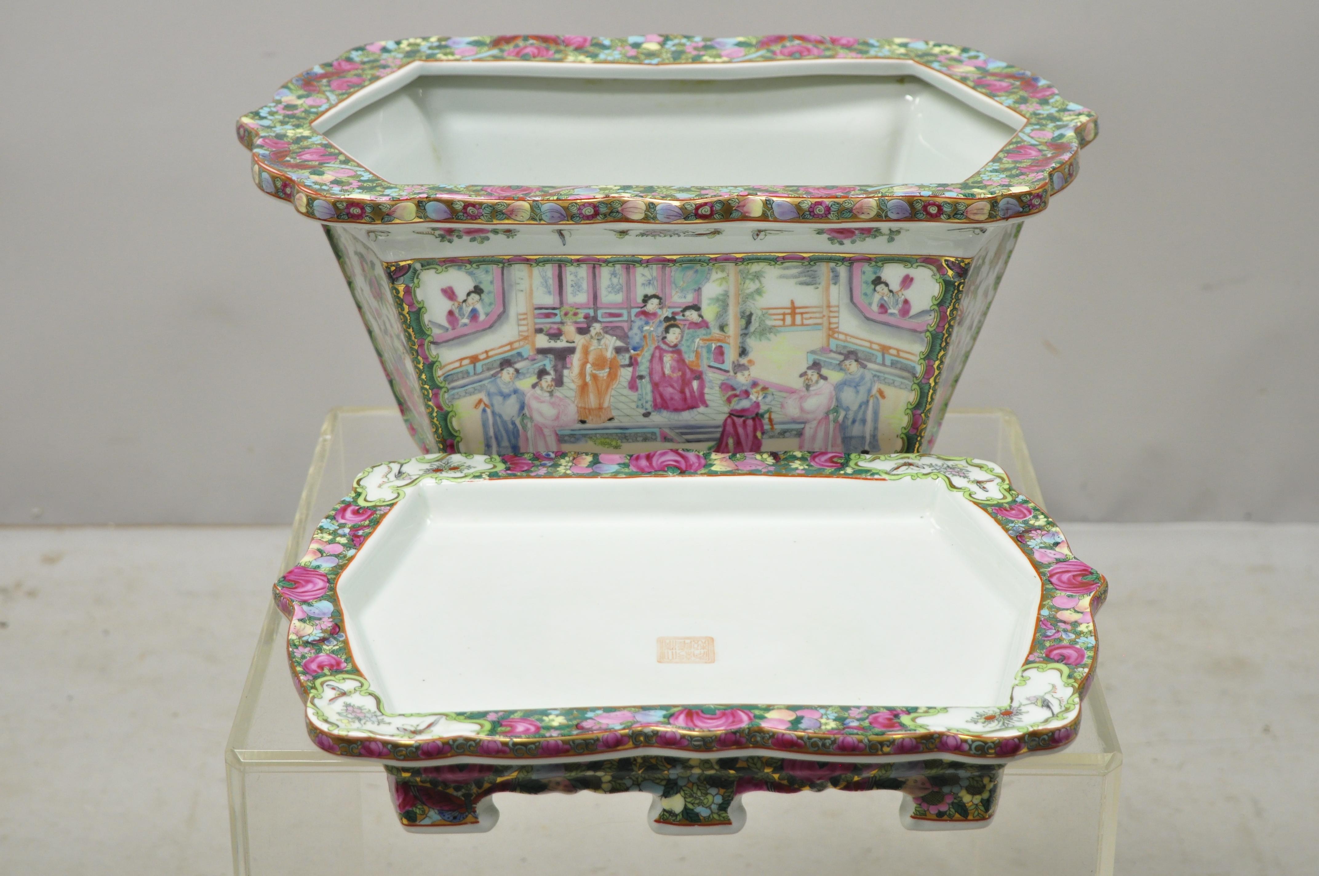 Chinese Export Porcelain Rose Medallion Jardinière Planter Under Plate Tray 4