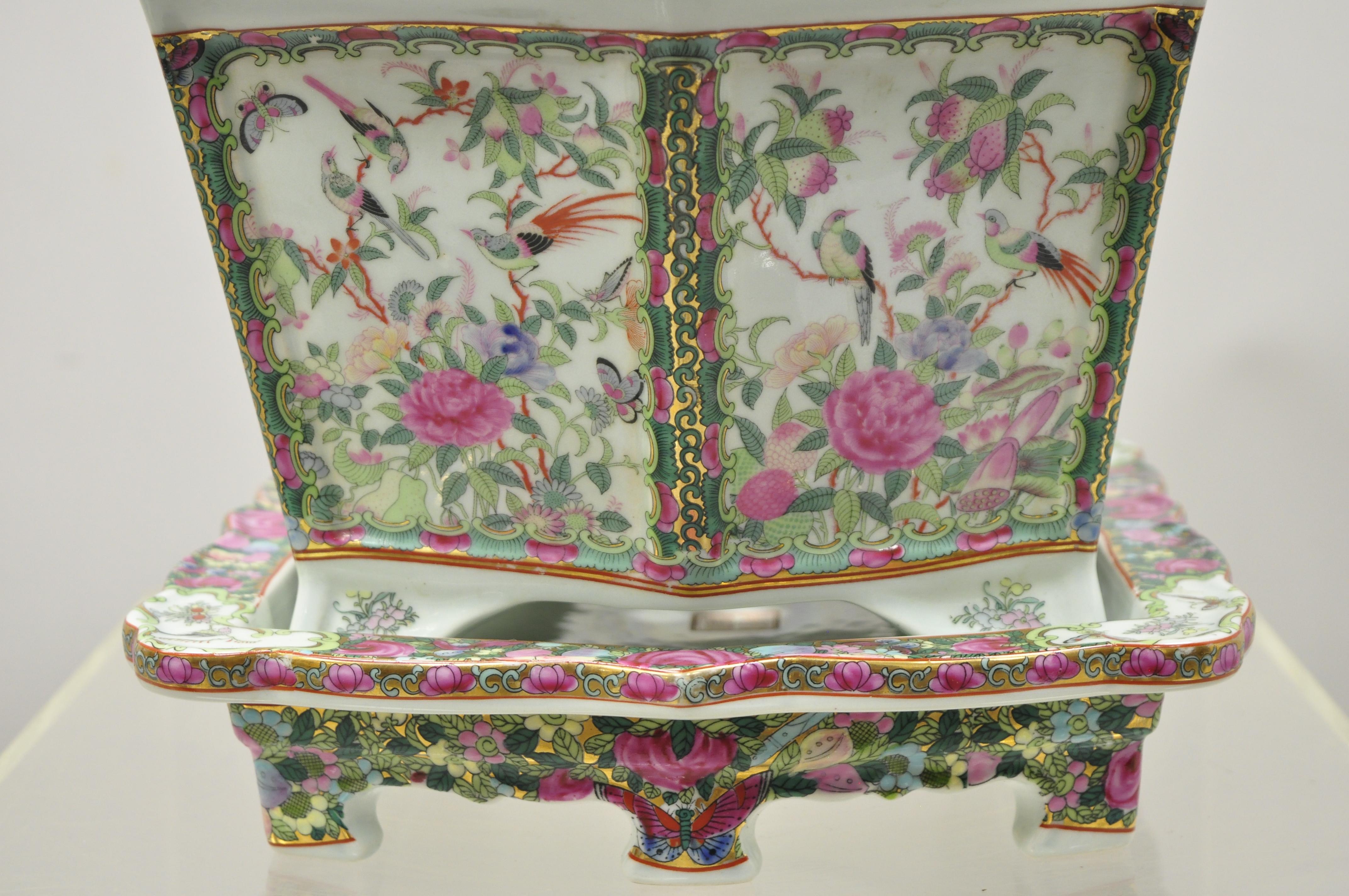 20th Century Chinese Export Porcelain Rose Medallion Jardinière Planter Under Plate Tray