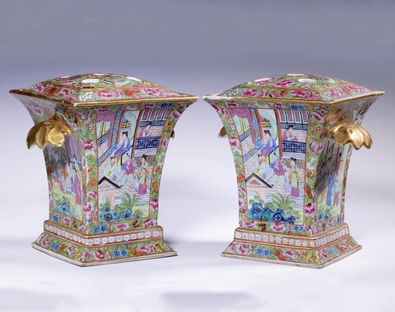Rare Chinese Export Porcelain Rose Medallion Bough Pots & Covers,
Circa 1860.

The large Chinese Export porcelain square bough pots with a flaring foot and rim have panels on all four sides which are painted with scenes of domestic life. The panels