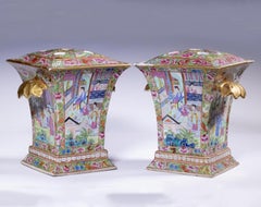 Chinese Export Porcelain Rose Medallion Pair of Bough Pots & Covers